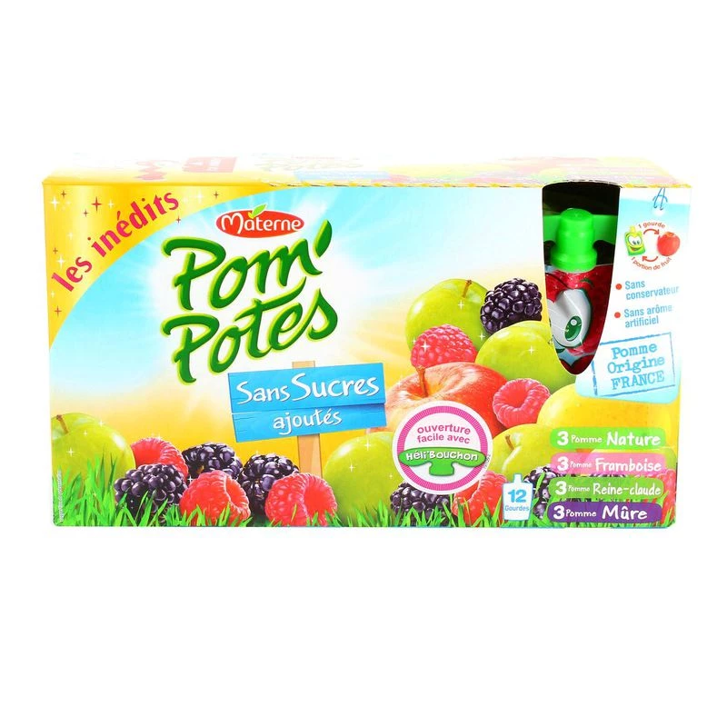 Compotes en gourde assortiment sans sucres ajoutés 12x90g - POM' POTES