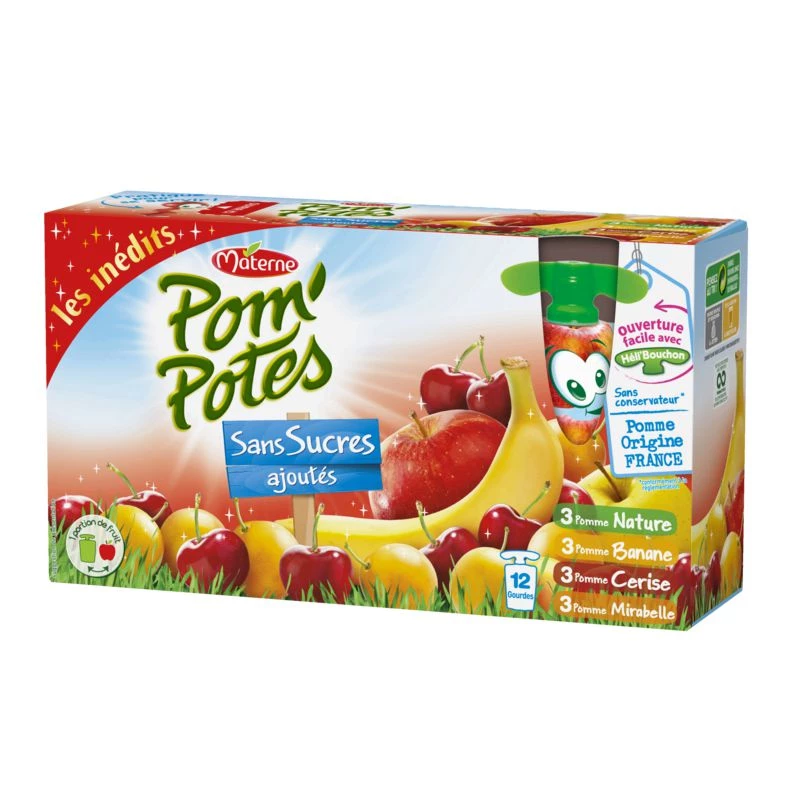 Compotes en gourde assortiment sans sucres ajoutés 12x90g - POM' POTES