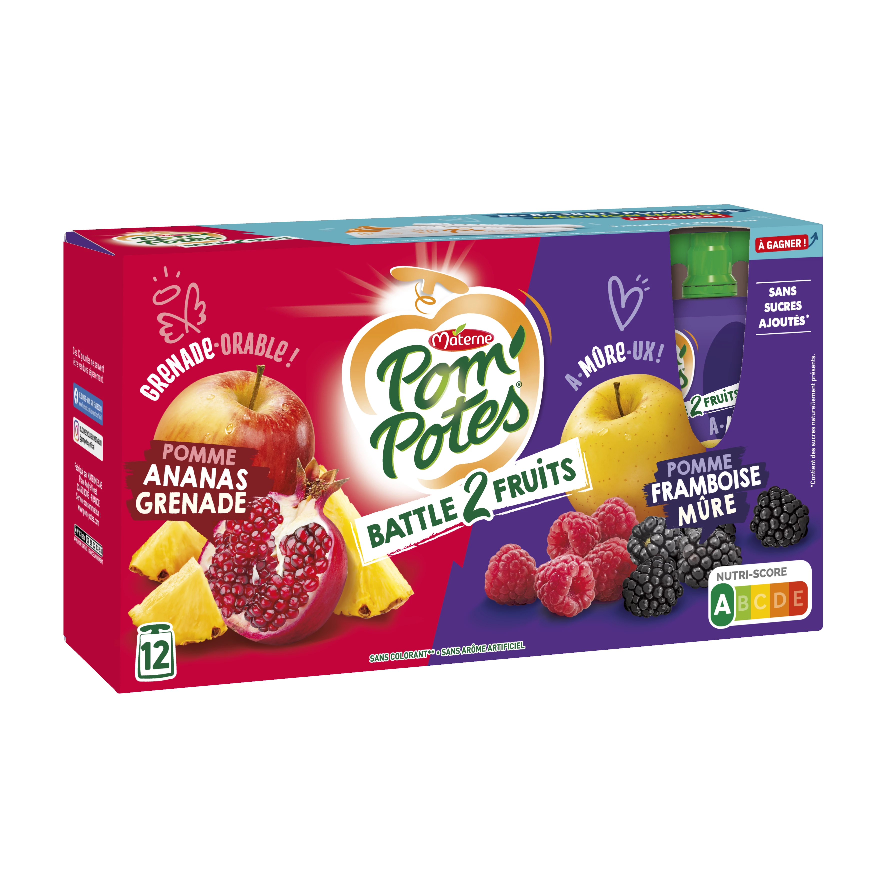 Battle 2 Fruitcompotes Appel Ananas Granaatappel, Rijpe Appel Framboos 12x90g - POM' POTES