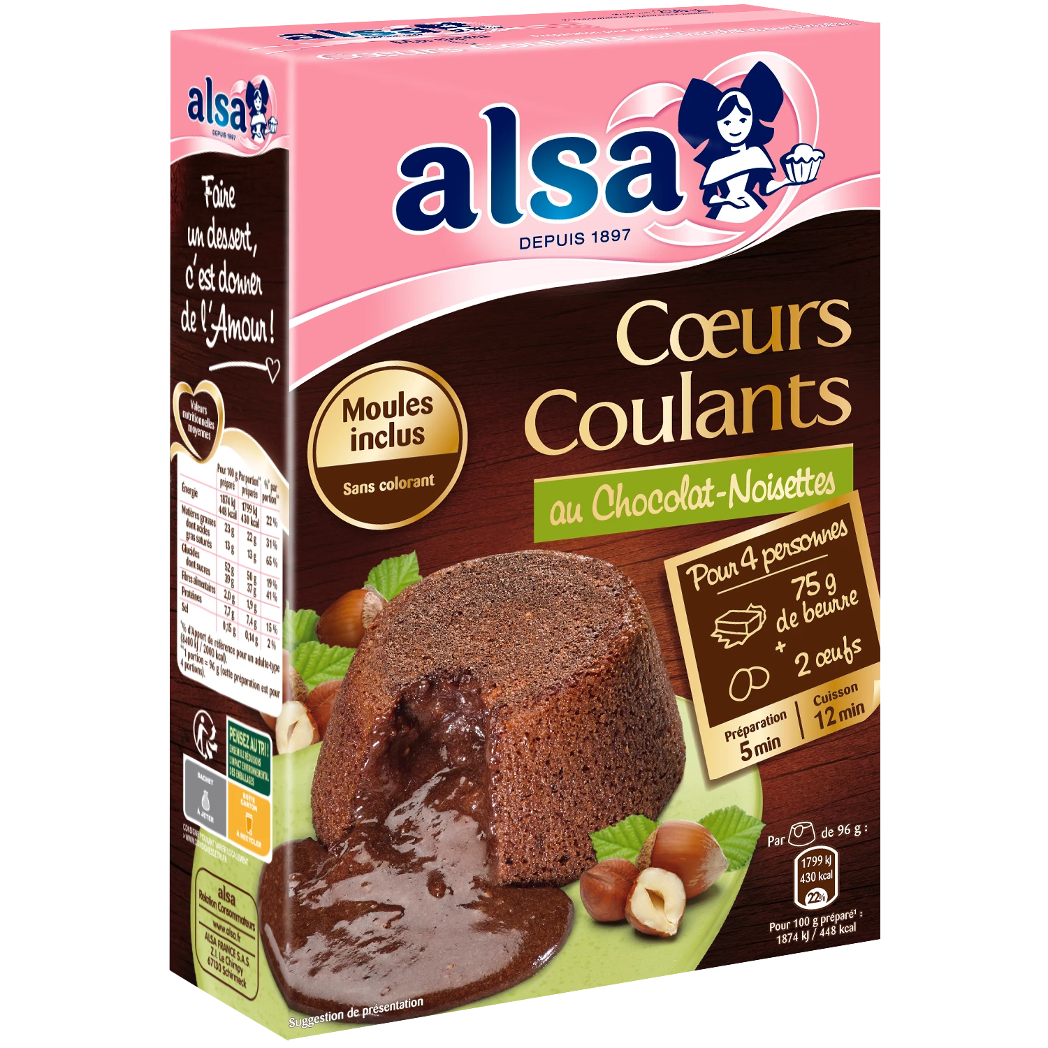 Préparation coeur coulant chocolat noisette 250g - ALSA