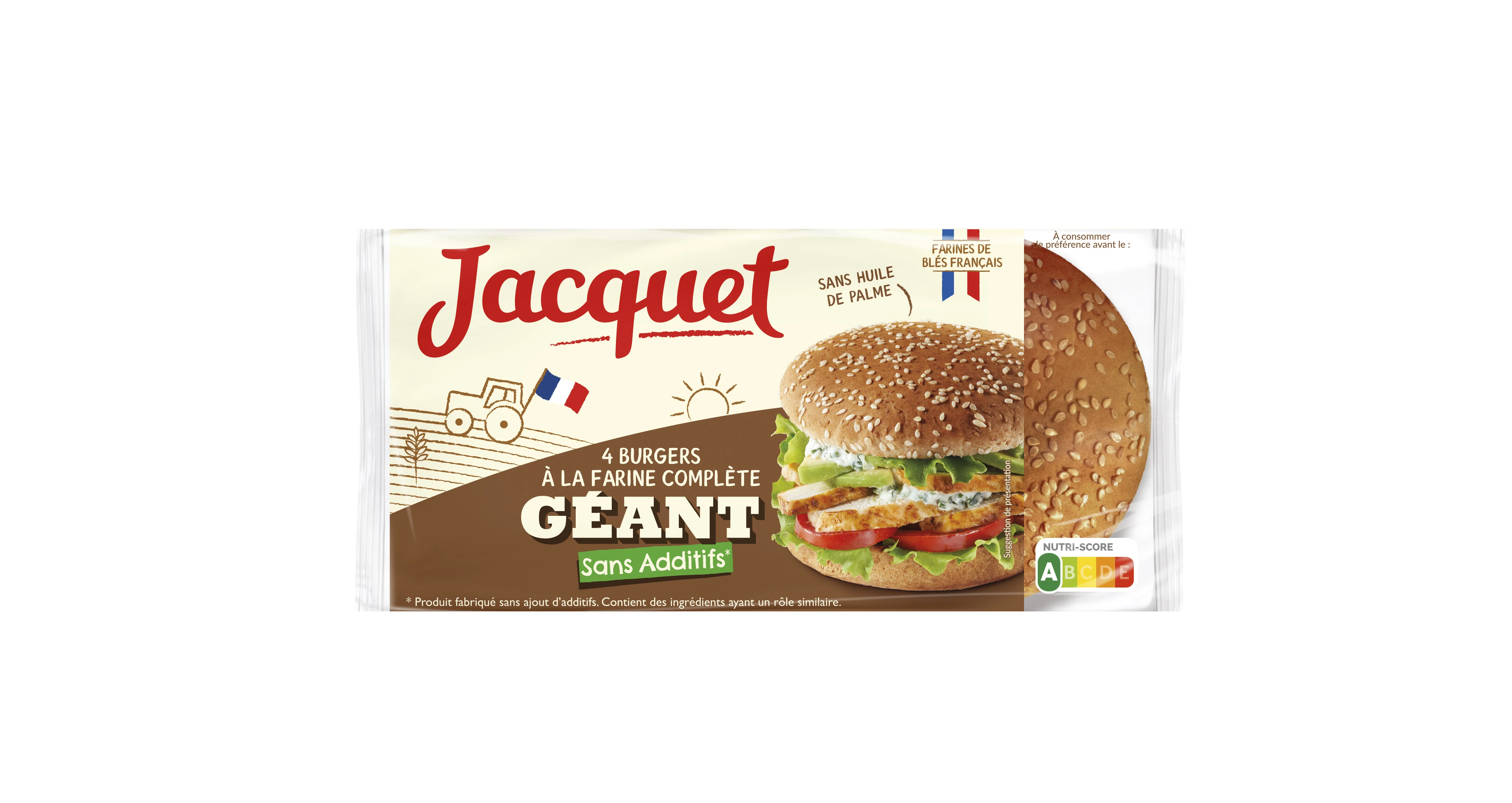 Bánh mì kẹp thịt nguyên hạt khổng lồ không thêm đường x4 350g - JACQUET