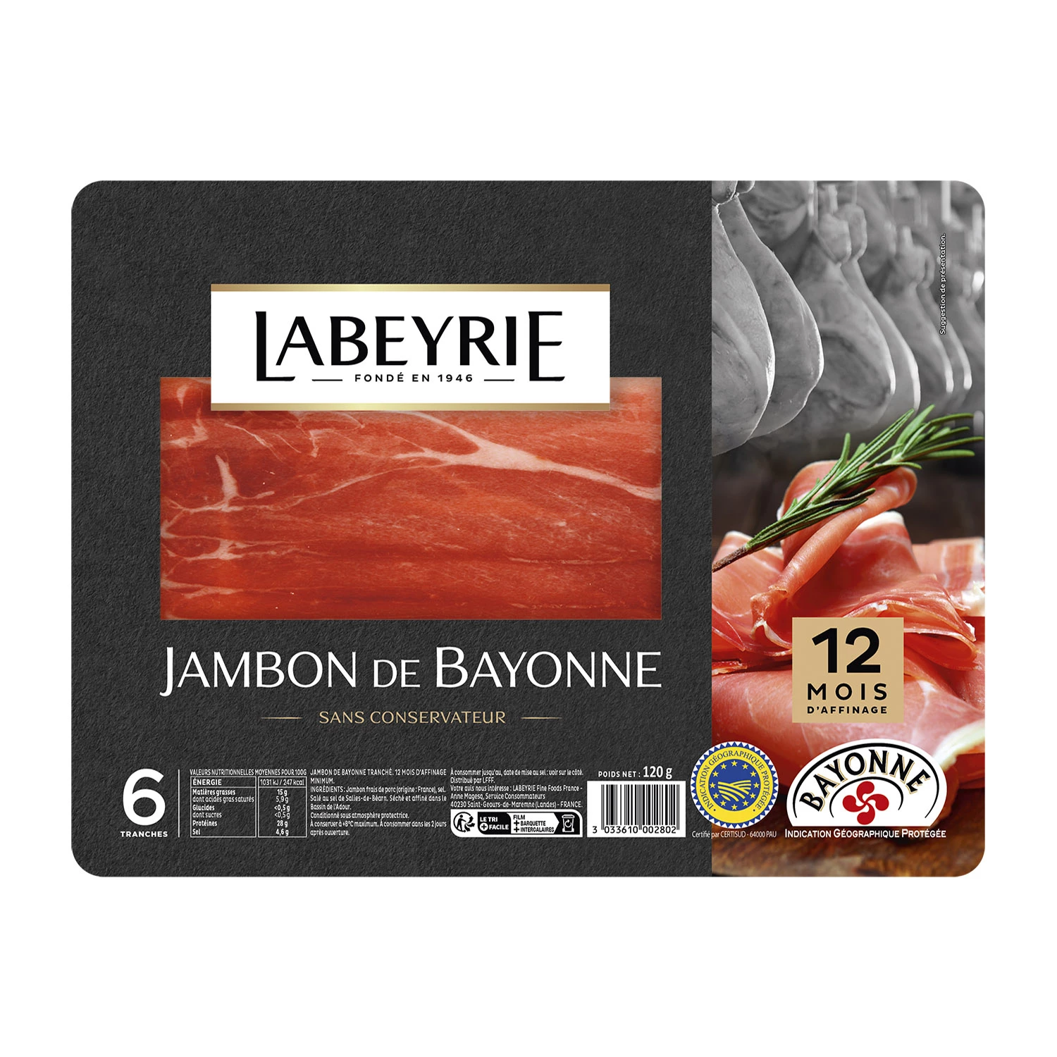 Jambon de Bayonne Sans Conservateur x6 tranches 120g - LABEYRIE