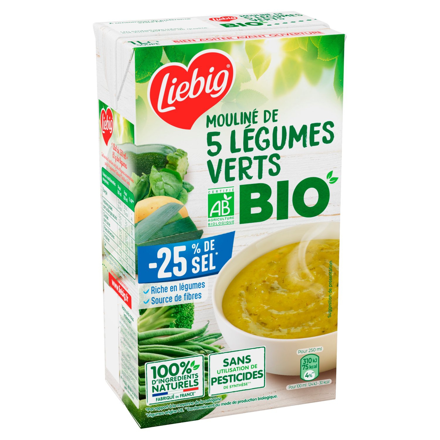 Soupe moulinee de 5 legumes verts bio -25 % de sel, 1 L - LIEBIG