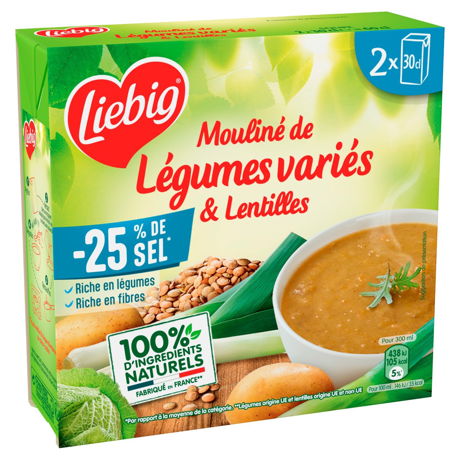 Soupe moulinee de legumes varies et lentilles -25 % de sel, 2 x 30 cl - LIEBIG