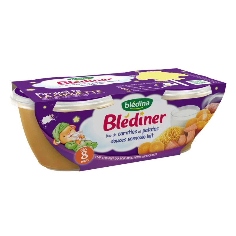 Potten wortelen/zoete aardappelen/griesmeel vanaf 8 maanden 2x200g - BLEDINA