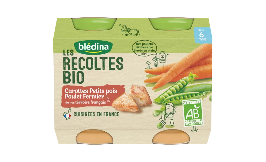 Tarritos de zanahorias/guisantes/pollo ecológico a partir de 6 meses 2x200g - BLEDINA