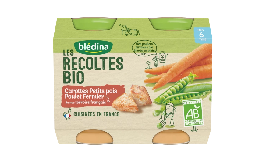 Vasetti di carote/piselli/pollo bio da 6 mesi 2x200g - BLEDINA