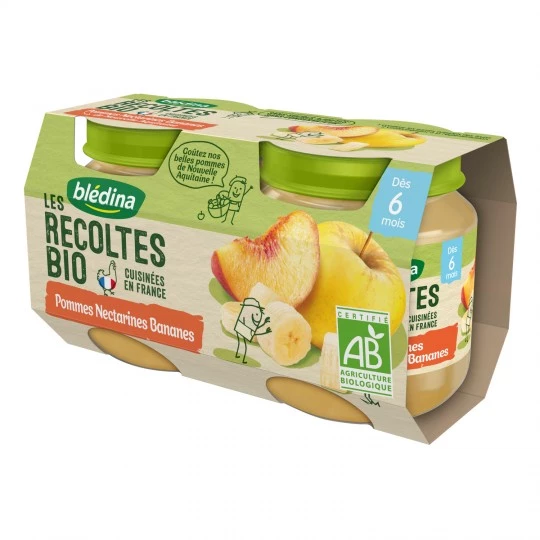 Biologische babyappel/nectarine/bananencompote vanaf 6 maanden 2x130g - BLEDINA