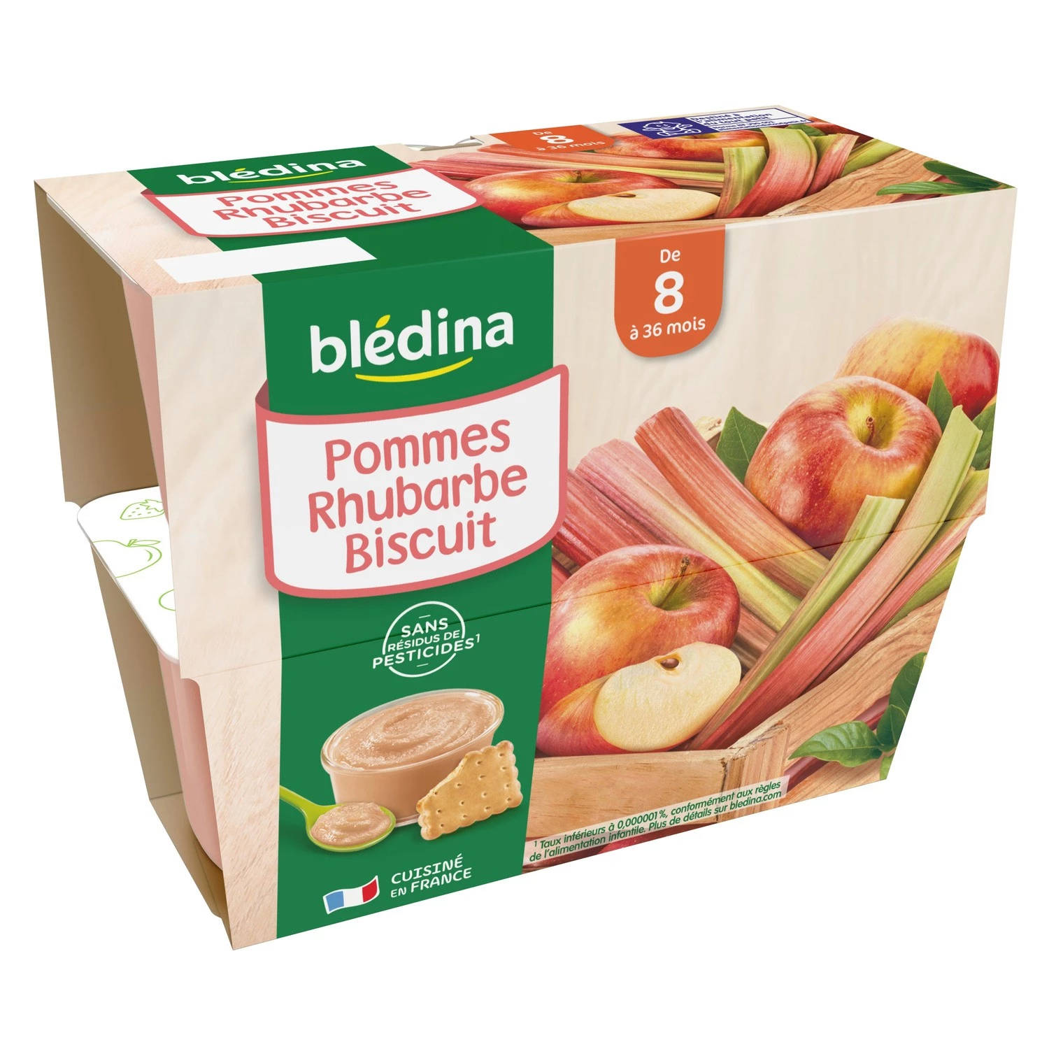 Petits pots coupelles pommes/ rhubarbe/ biscuit dès 8mois 4x100g - BLEDINA