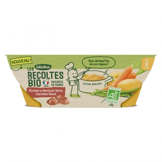 Plat bébé BIO haricots verts/ carottes/ bœuf dès 8 mois 2x200g - BLEDINA