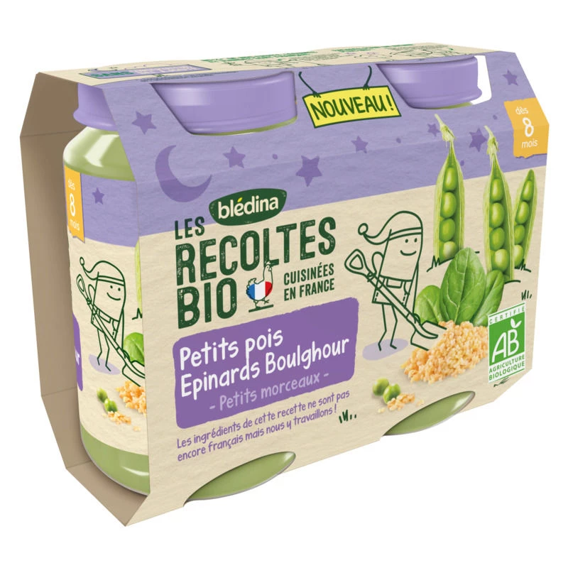 Pots Les Récoltes Petits Pois, Epinard Boulghour, dès 8 mois 2x200g - BLEDINA