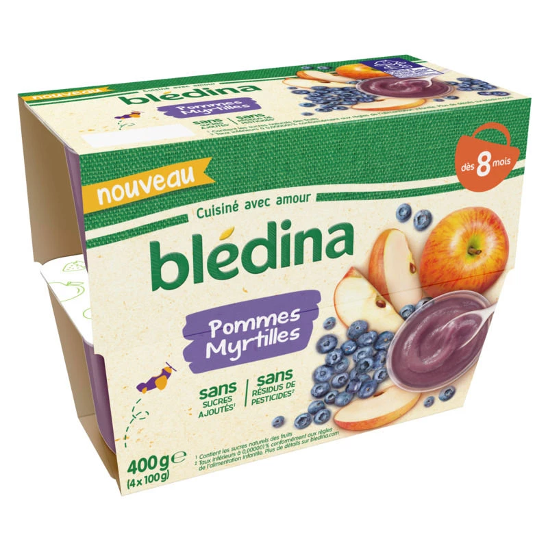 Детское фруктовое пюре с 8 месяцев яблоки черника 4х100г - BLEDINA