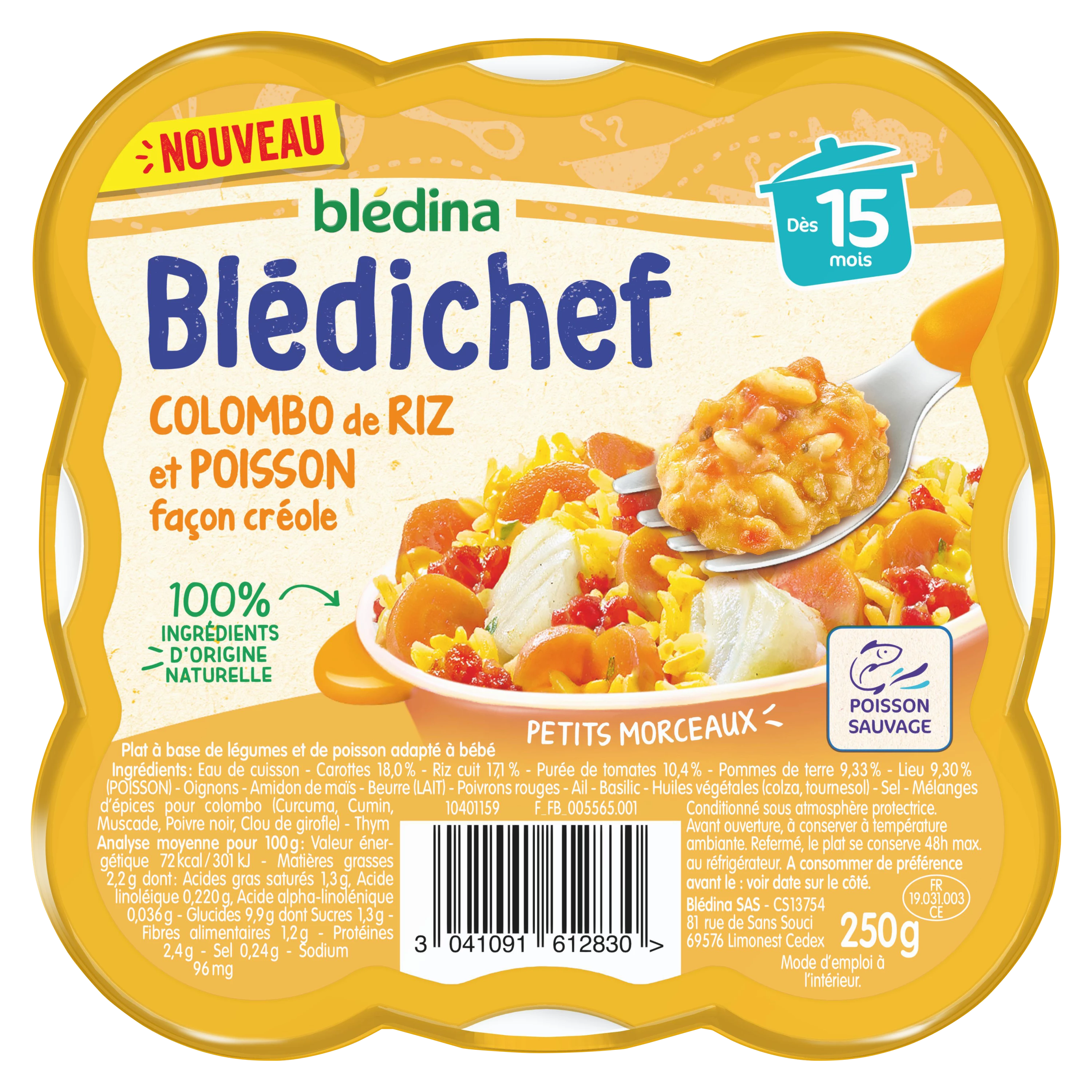 Bédichef Baby flat Blédichef from 15 months Rice and fish Colombo Creole 250g - BLEDINA