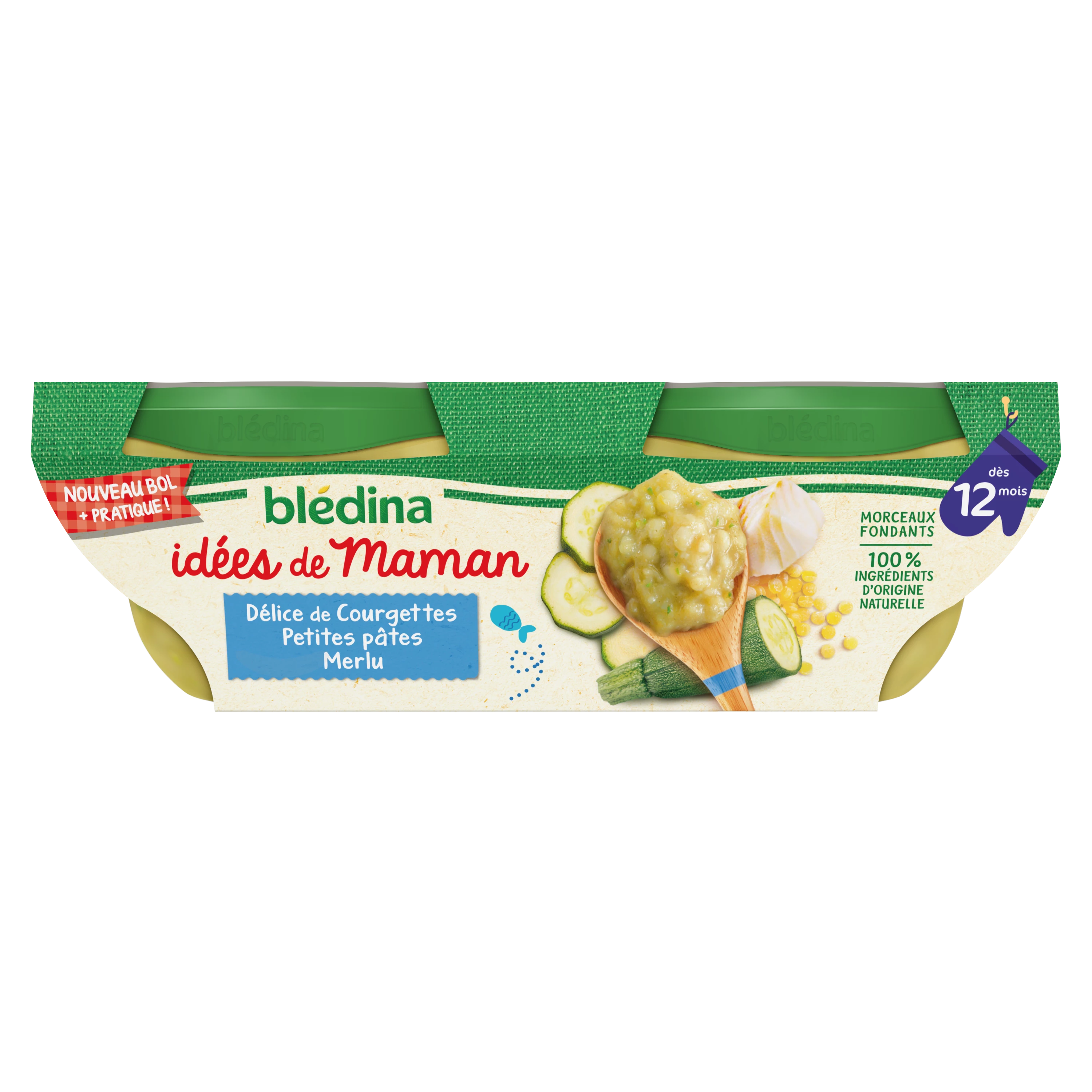 Baby dish from 12 months zucchini small hake pasta 2x200g - BLEDINA