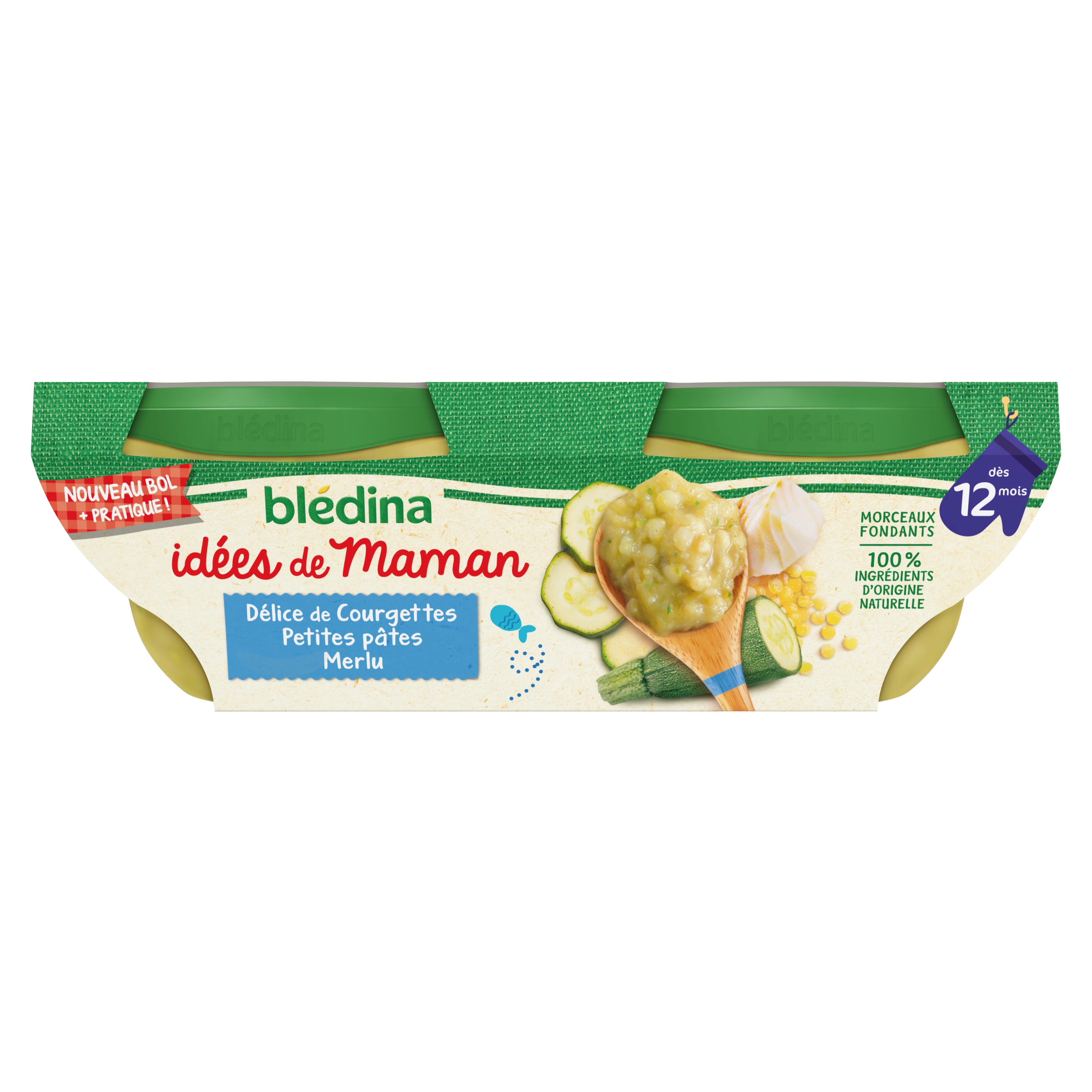 Plato bebe a partir de 12 meses pasta pequeña de calabacín y merluza 2x200g - BLEDINA