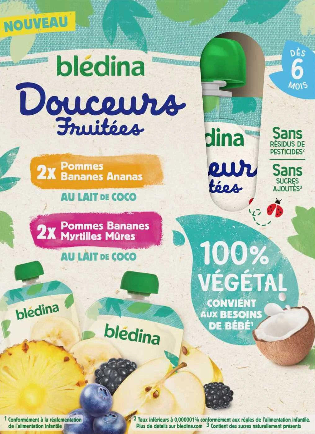 Compota de vegetais para bebé a partir dos 6 meses maçãs bananas ananás leite de coco e maçãs bananas mirtilos maduros leite de coco 4x90g - BLEDINA