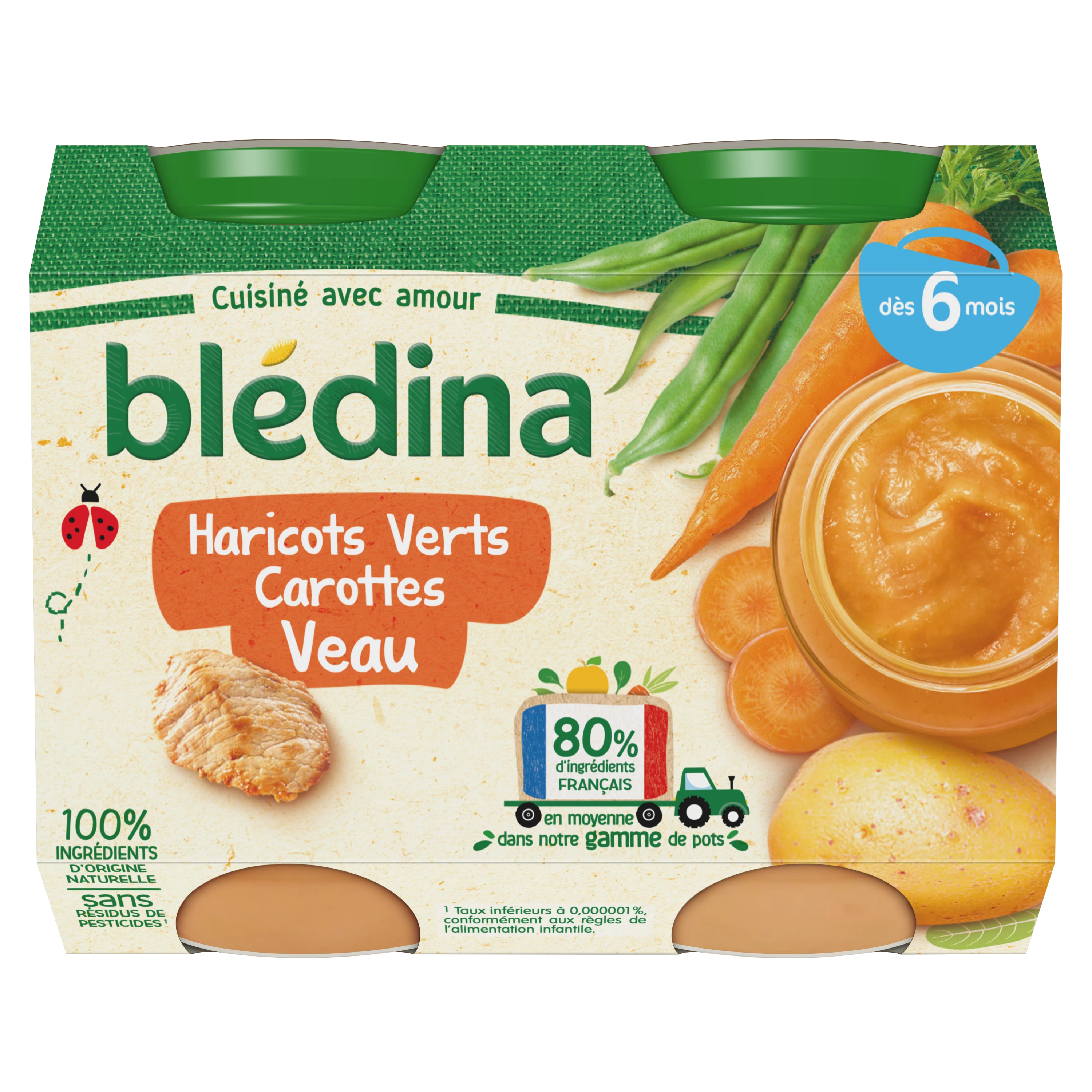 Baby pot from 6 months green beans carrots veal 2x200g - BLEDINA
