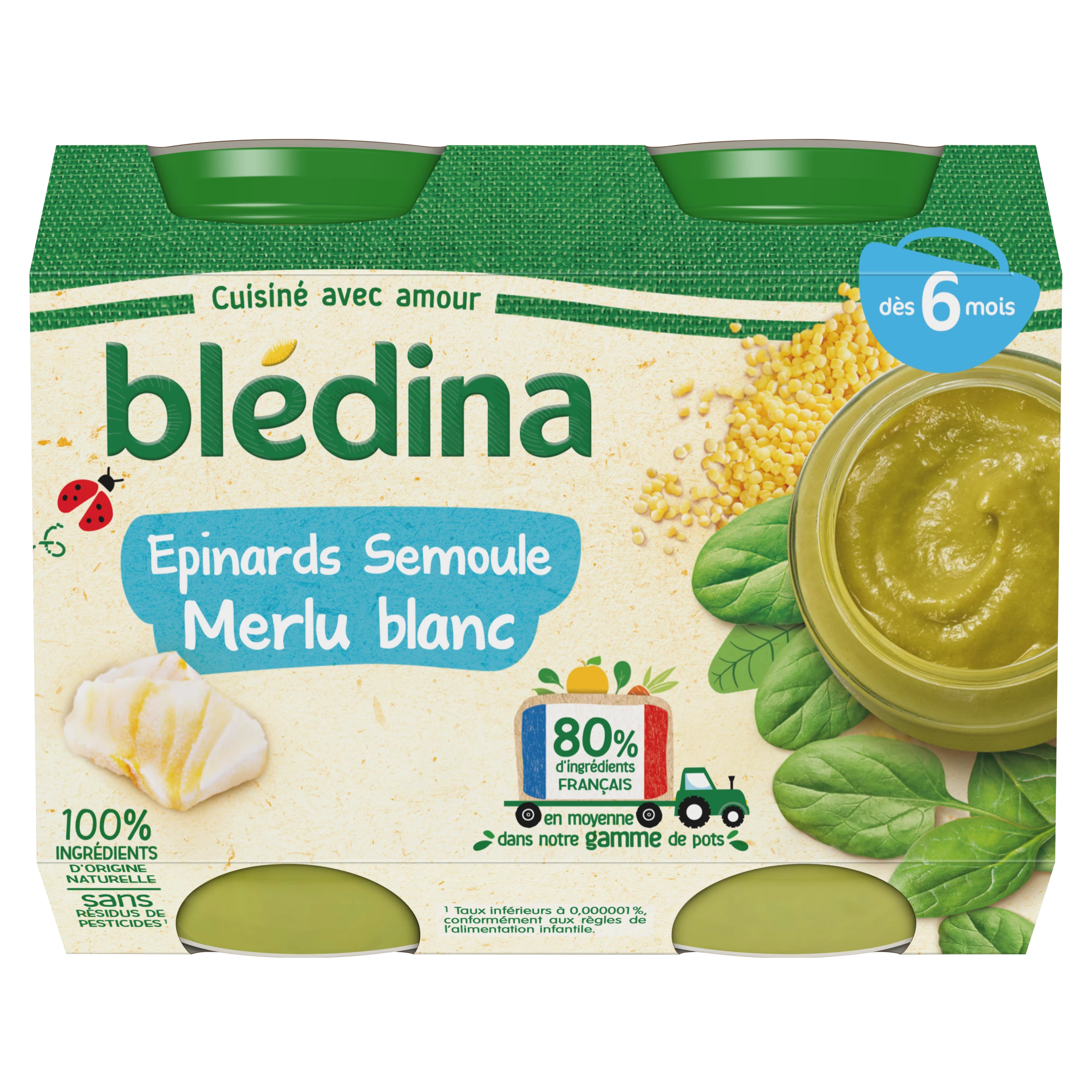 Tarrito de sémola de espinacas y merluza blanca a partir de 6 meses 2x200g - BLEDINA