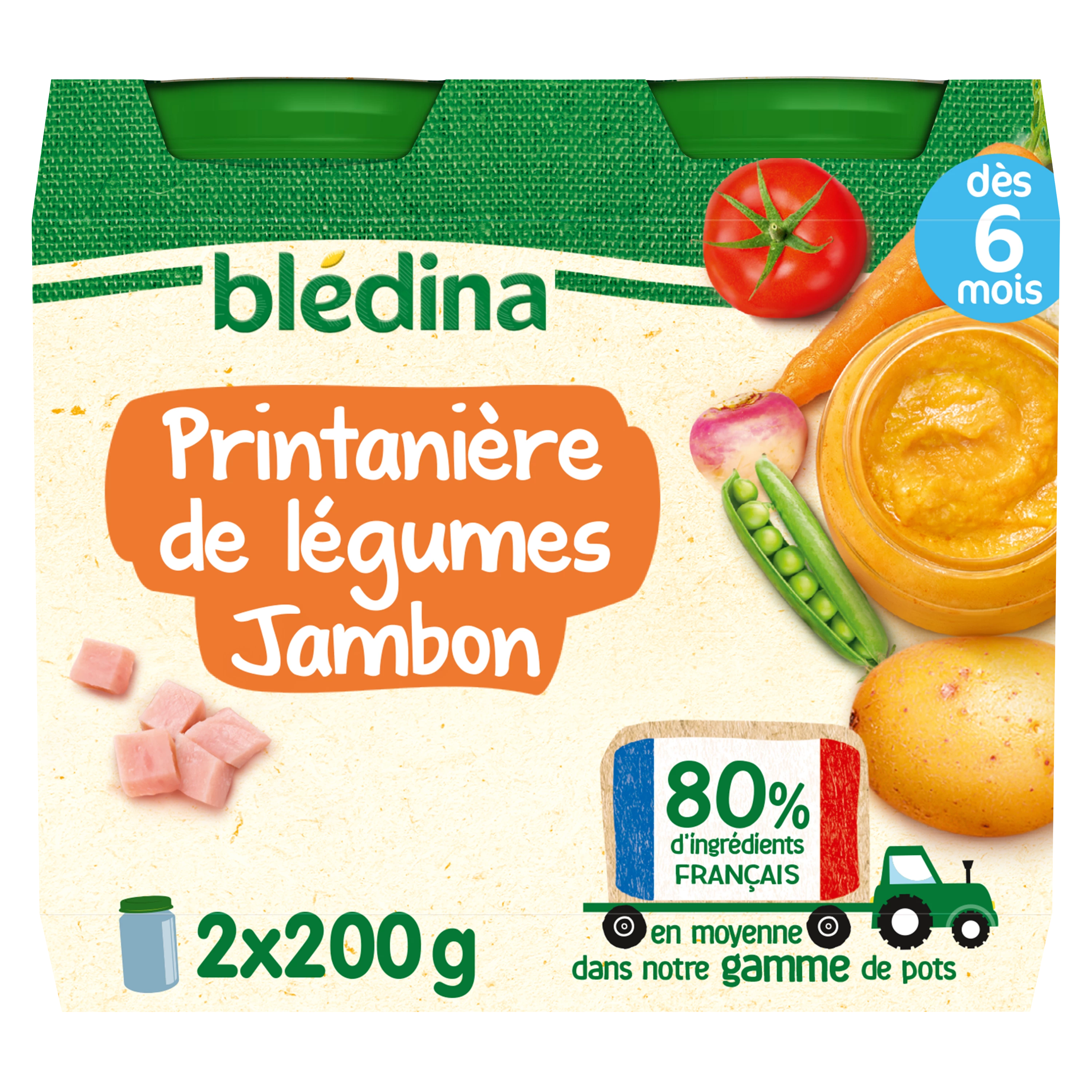 وعاء صغير ربيعي للأطفال من 6 أشهر من لحم الخنزير والخضار 2x200 جرام - BLEDINA