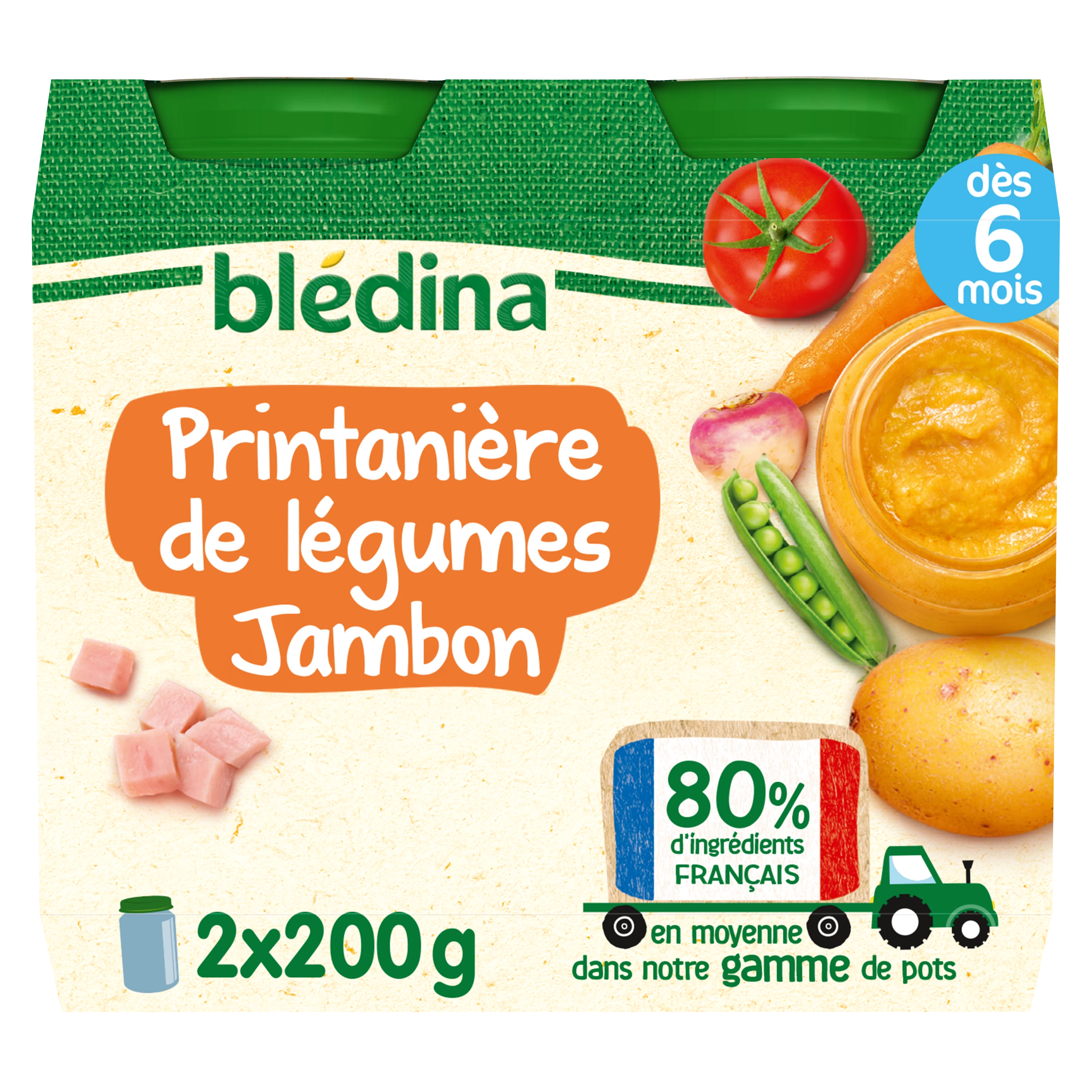 Pote pequeno de primavera para bebê a partir de 6 meses de legumes com presunto 2x200g - BLEDINA