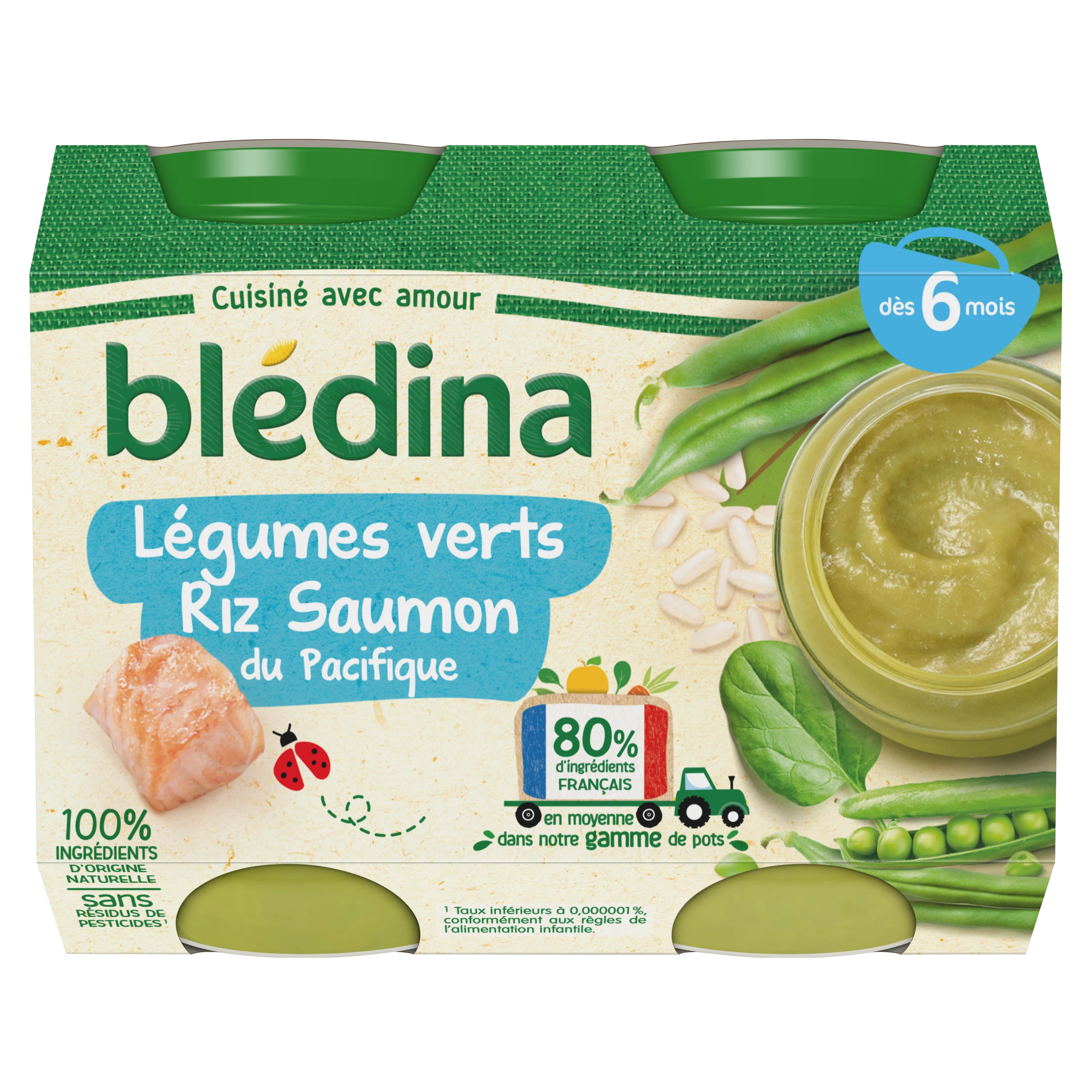 Panela pequena arroz com vegetais verdes Salmão do Pacífico a partir de 6 meses 2x20g - BLEDINA