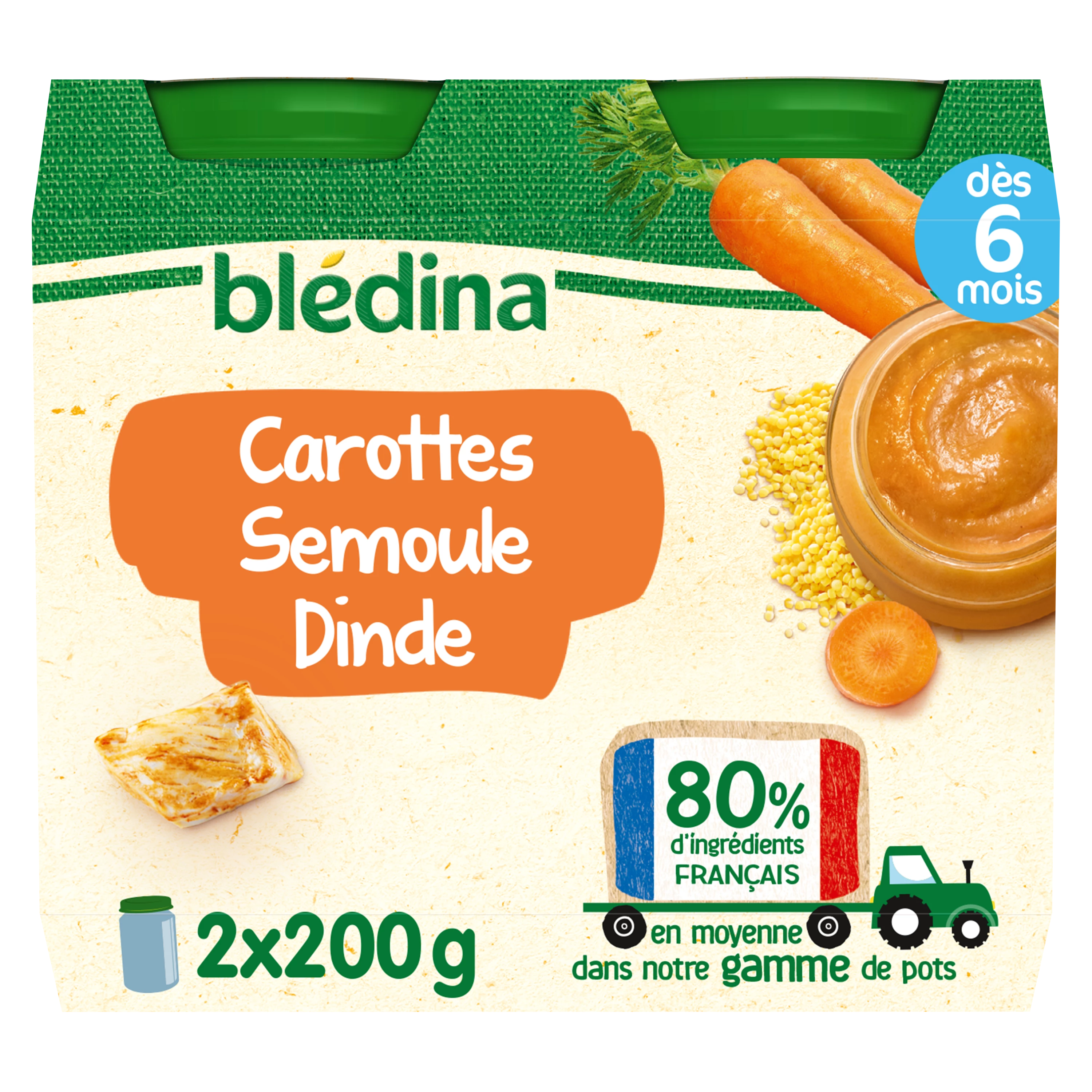 Small baby jar from 6 months 2x200g 2x200g semolina carrots - BLEDINA