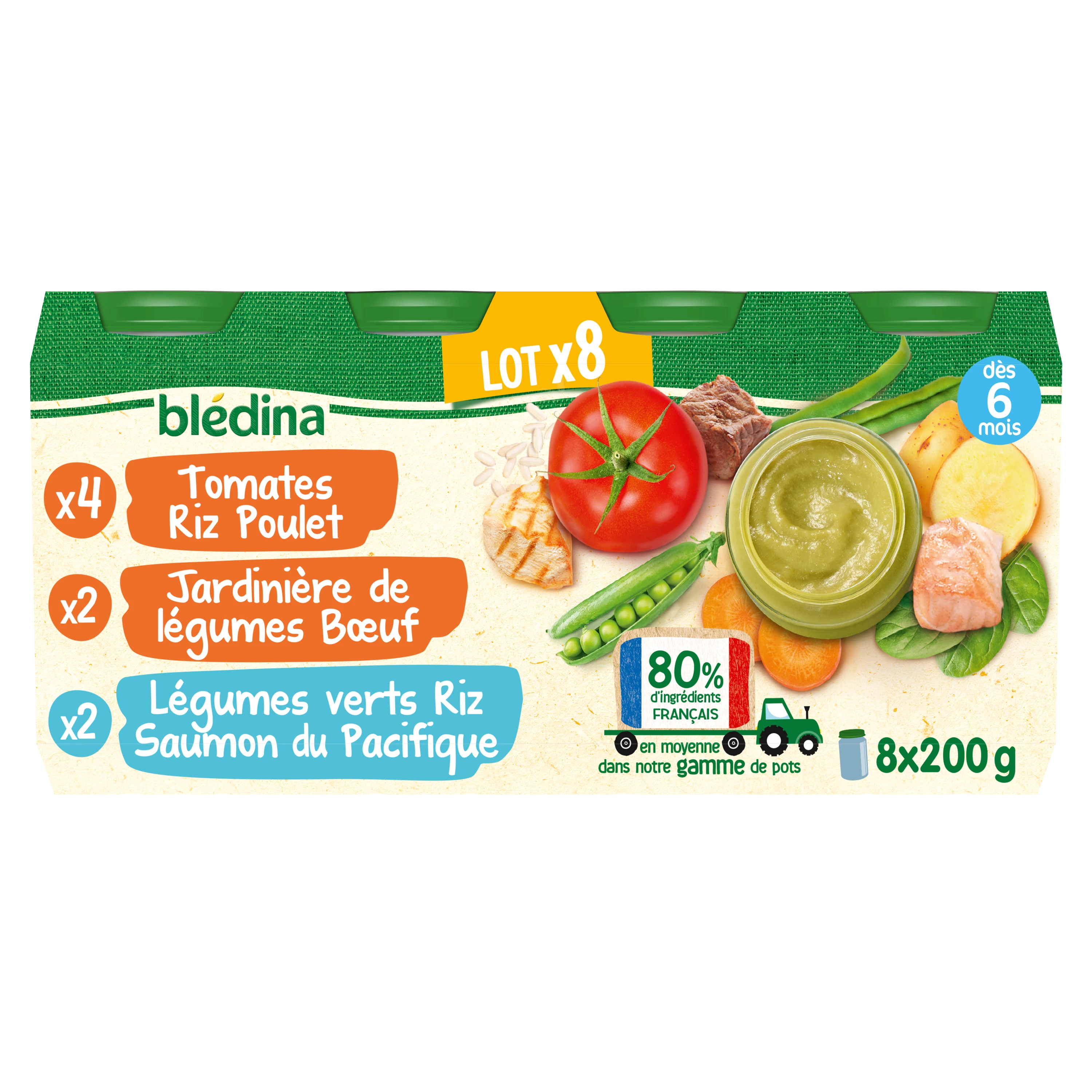 Petit pot bébé dès 6 mois tomates riz poulet, jardinière de légumes bœuf et légumes verts riz saumon 8*200g - BLEDINA