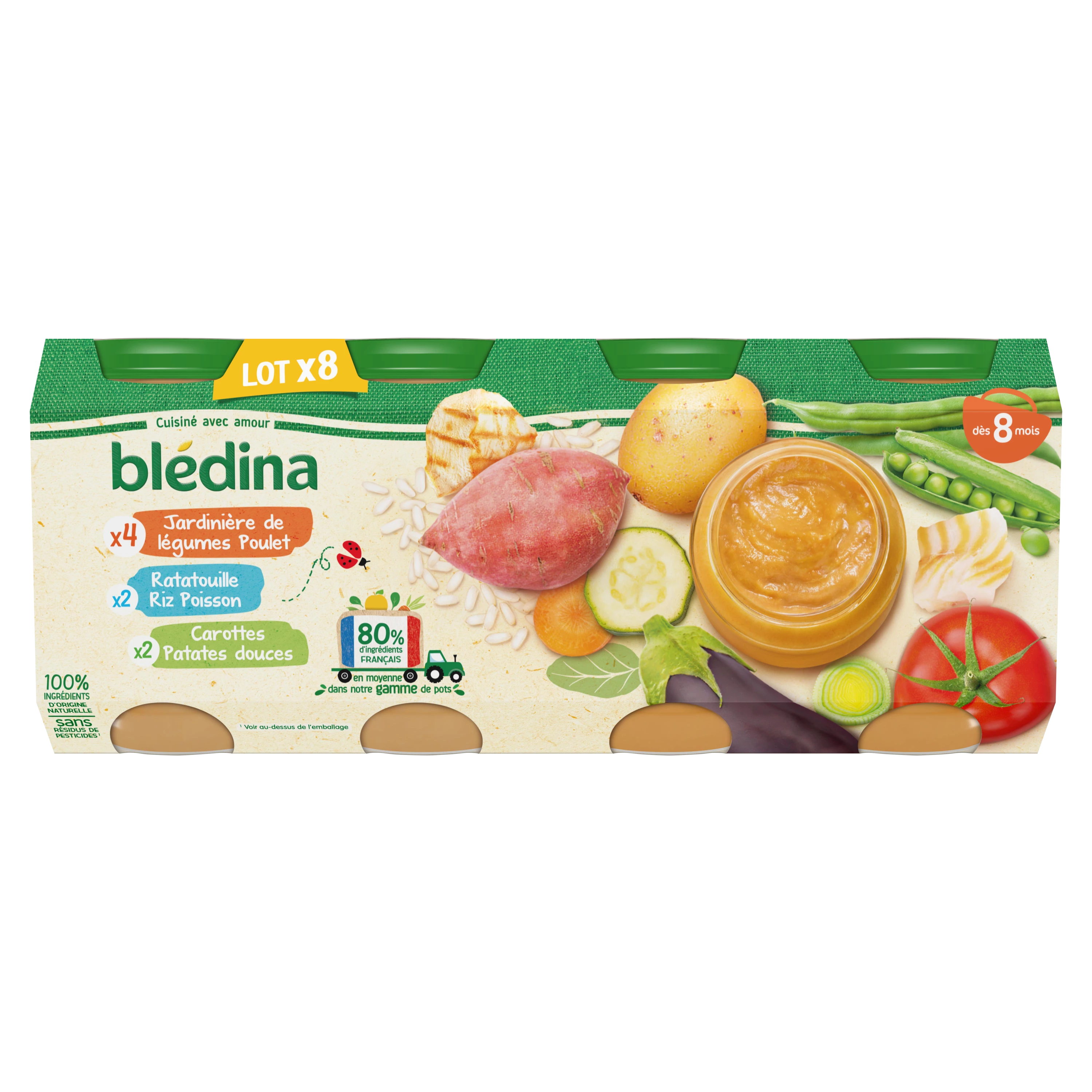 Kleine babypot vanaf 8 maanden moestuin kip, ratatouille rijst vis en wortel zoete aardappelen 8x200g -  BLEDINA