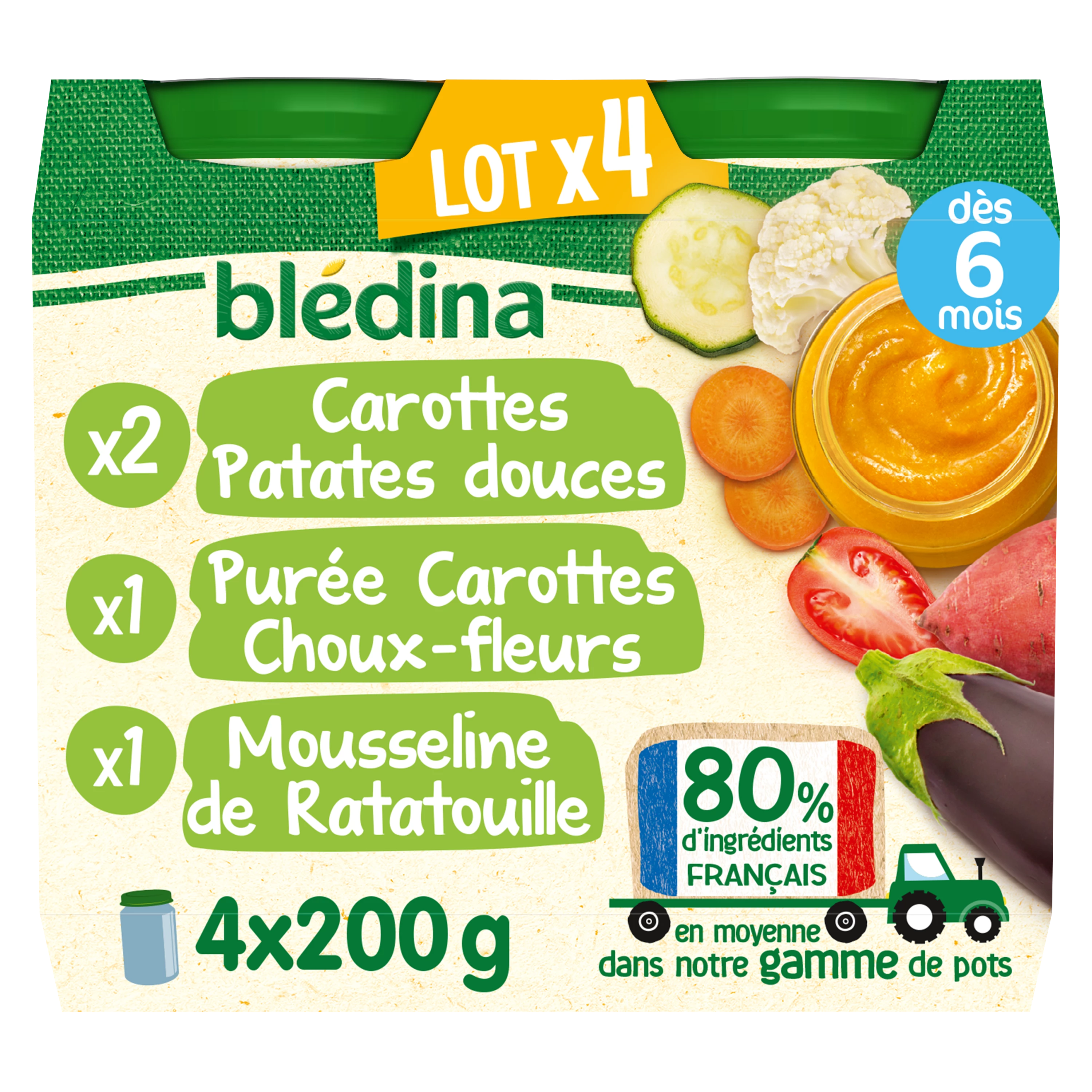 Babypotje vanaf 6 maanden, zoete aardappelwortel, wortel-bloemkoolpuree en ratattouillemousseline 4x200g - BLEDINA