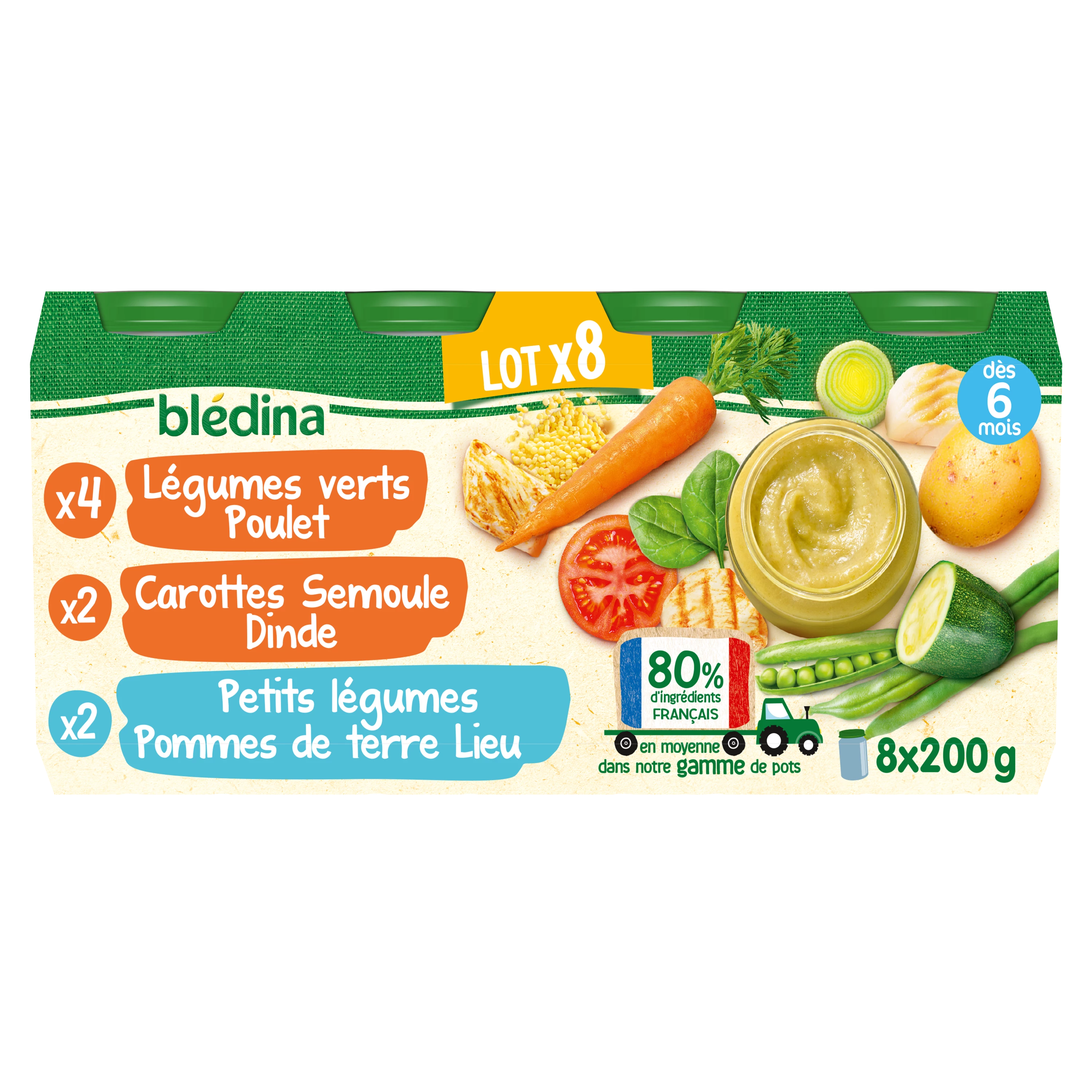 Small baby pot from 6 months green vegetables chicken, carrots semolina turkey and vegetables potatoes place 8x200g - BLEDINA