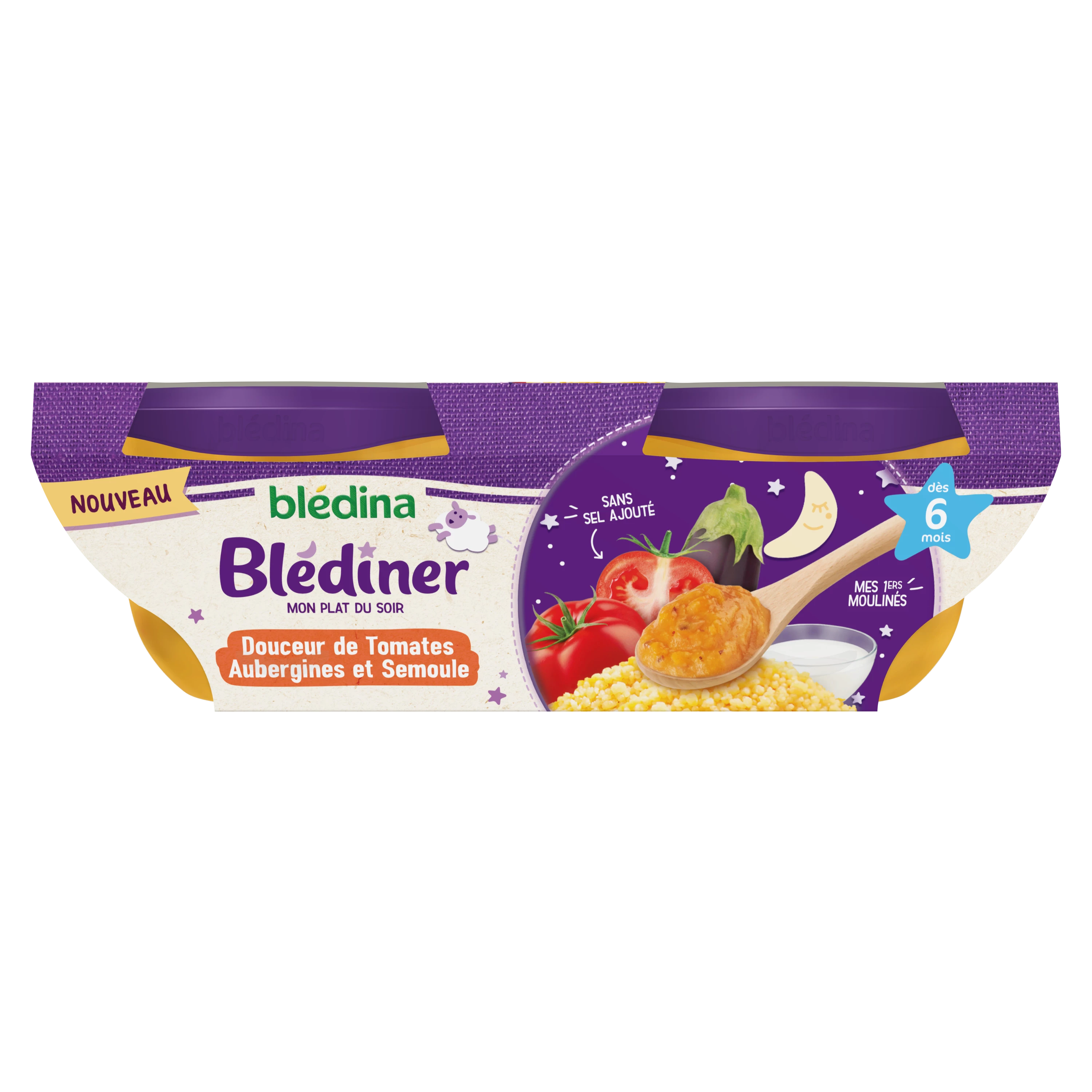 Blédiner Baby evening dish from 6 months sweetness of tomatoes eggplant semolina 2x200g - BLÉDINA