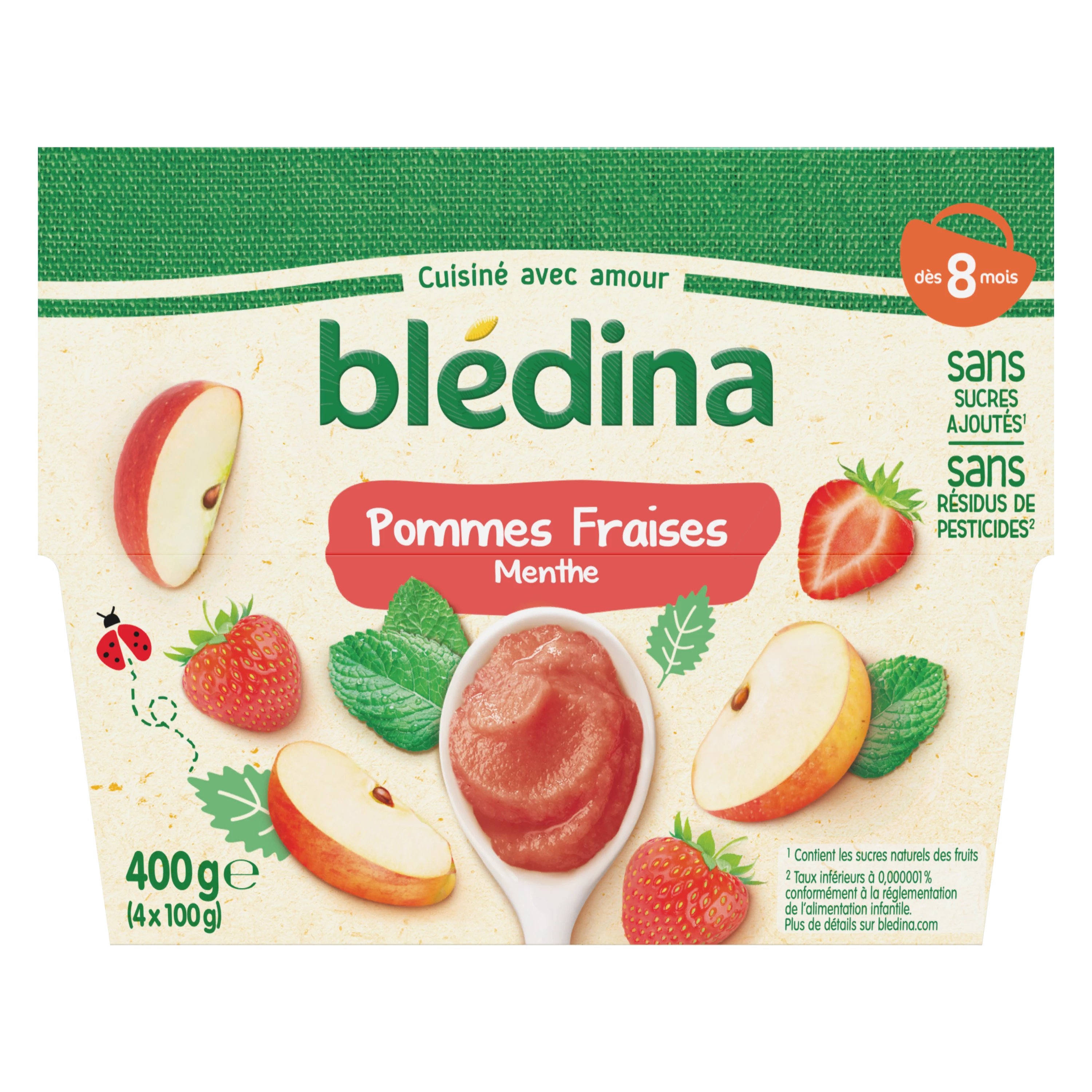 Purê de frutas para bebês a partir de 8 meses maçãs morangos hortelã 4x100g - BLEDINA