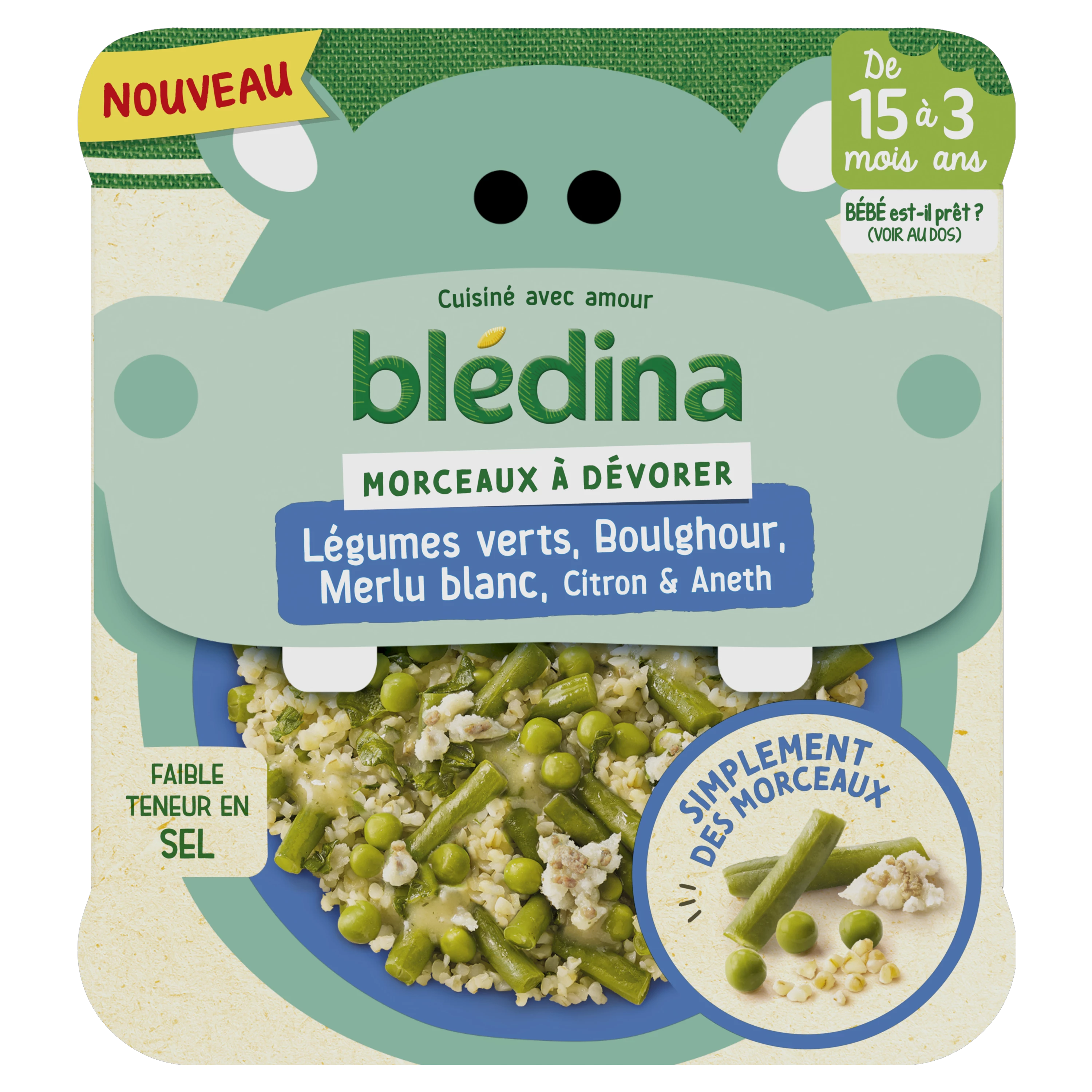 Babygericht ab 15 Monaten, grüne Gemüsestücke, Bulgur, weißer Seehecht, Zitrone und Dill, 200 g - BLEDINA