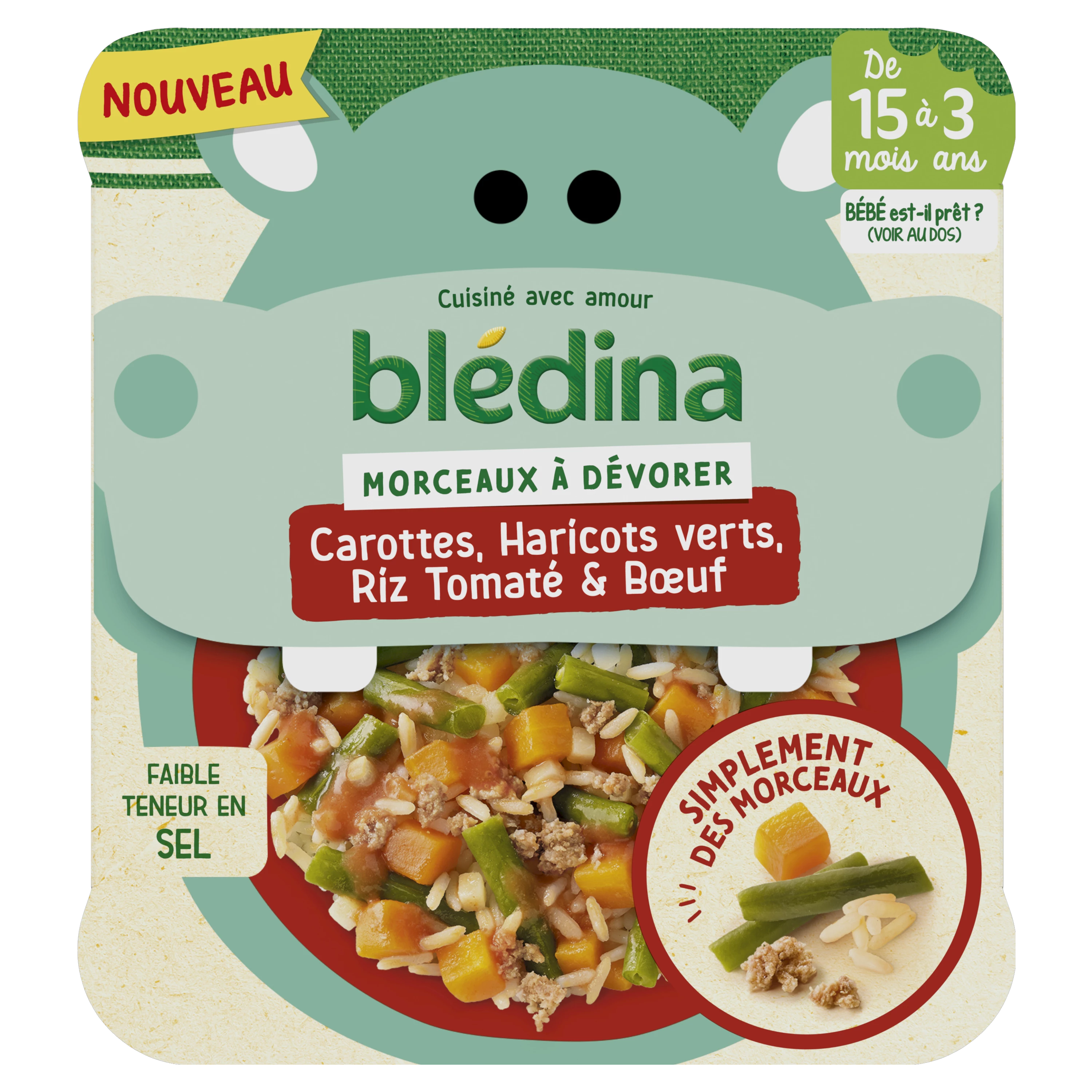 Plat bébé dès 15 mois morcraux de carottes haricots verts riz tomaté et bœuf 200g - BLEDINA