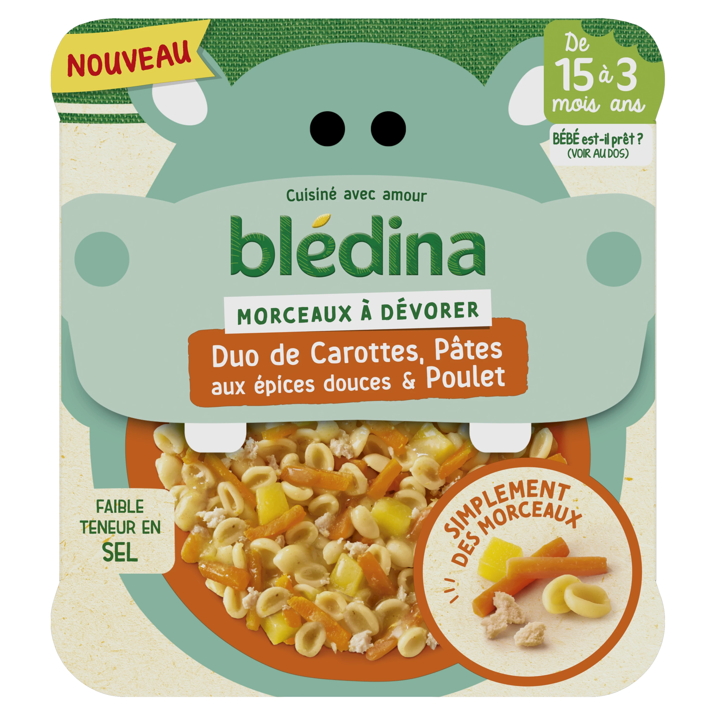 Plat bébé dès 15 mois morceaux de carottes pâtes aux épices douces et poulet 200g - BLEDINA