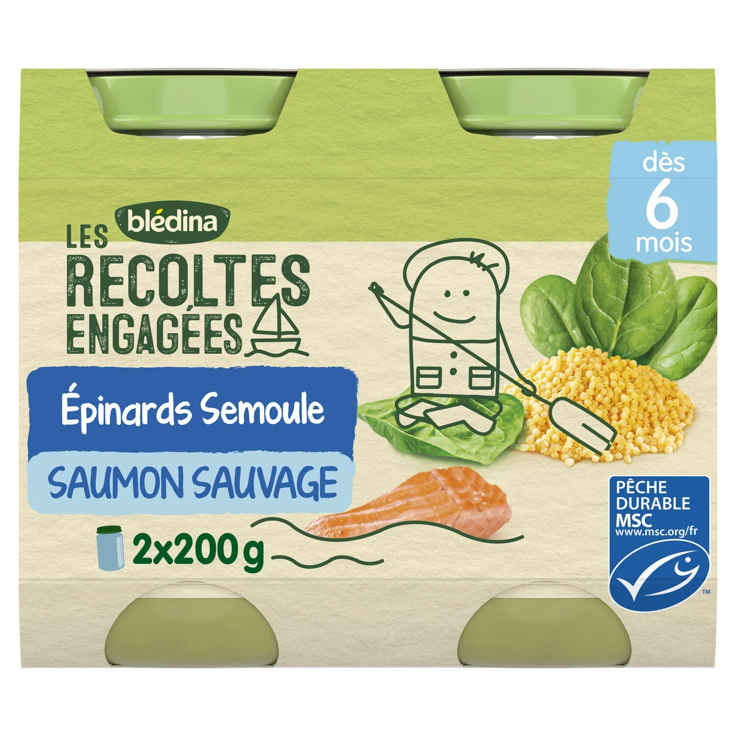 Small baby pot from 6 months spinach semolina salmon Les Récoltes Engagées 2x200g - BLEDINA