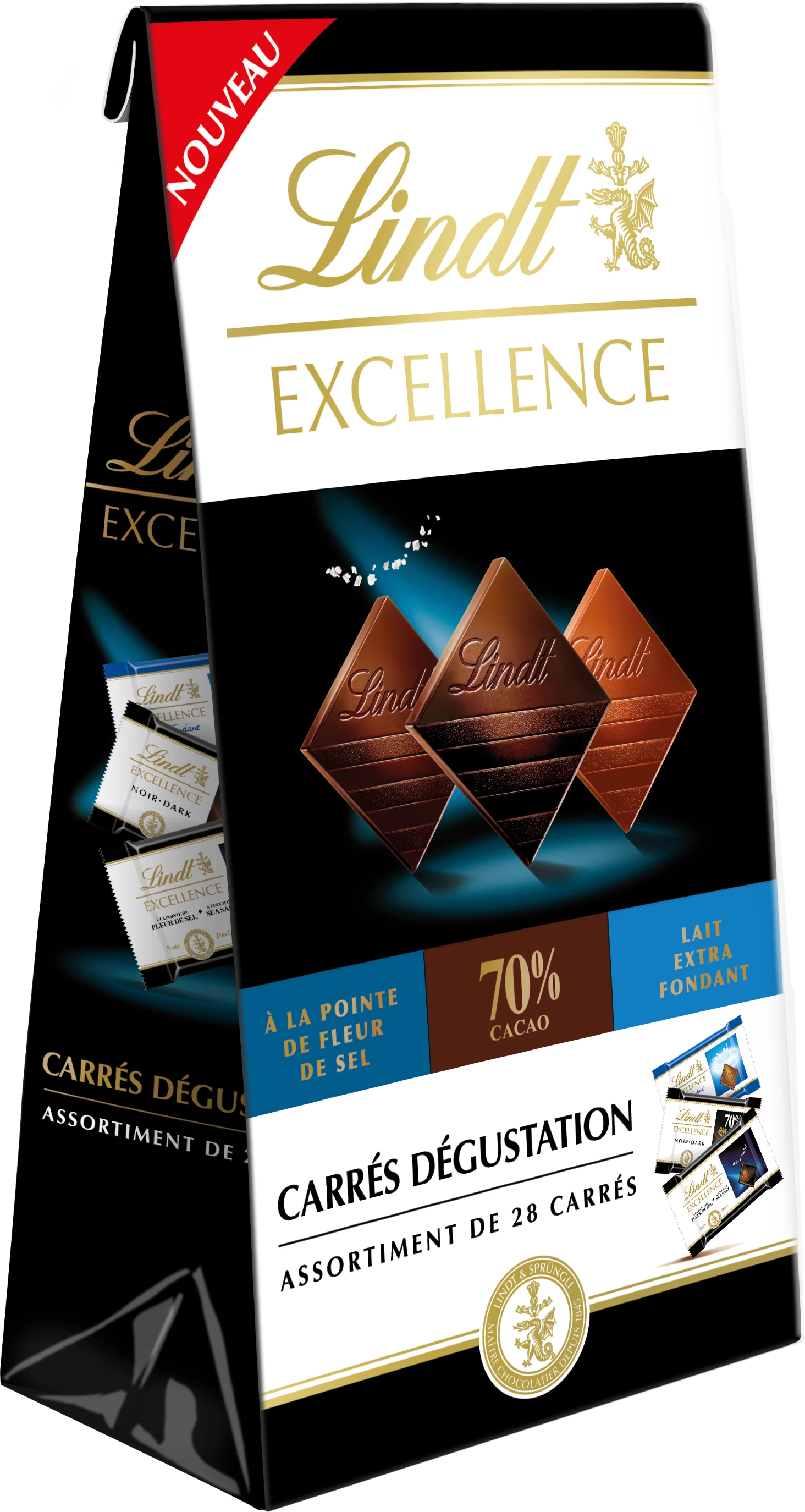 Excellence Schwarz 70 %. Schwarz mit Fleur de Sel und extra Milch-Fondant-Quadraten, Probierbeutel, 154 g - LINDT