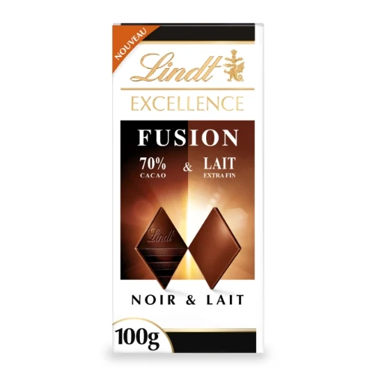 Tablette de chocolat excellence fusion noir 70% et lait 100g - LINDT