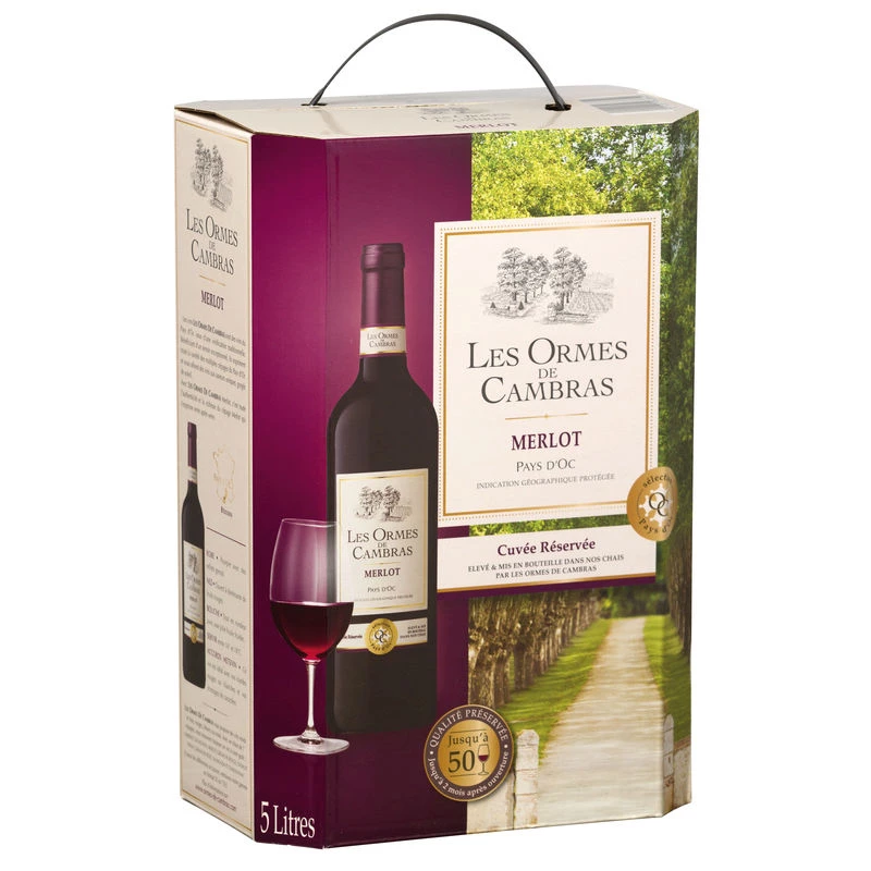 Vin rouge Merlot Pays d'Oc,  Fontaine de 5L - LES ORMES DE CAMBRAS