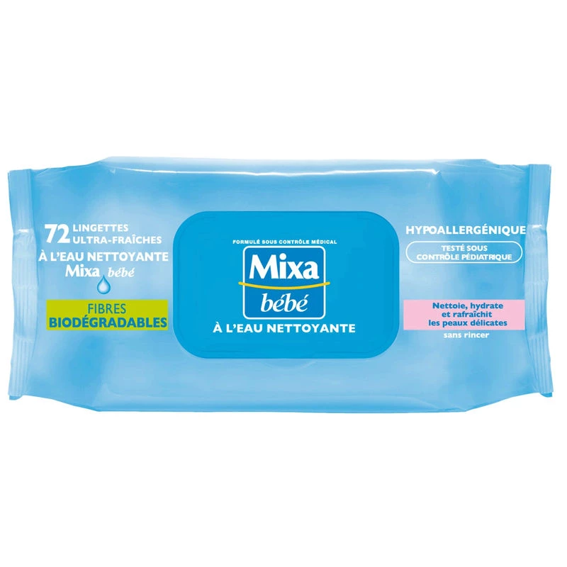 Lingettes ultra-fraîches à l'eau nettoyante x72 - MIXA