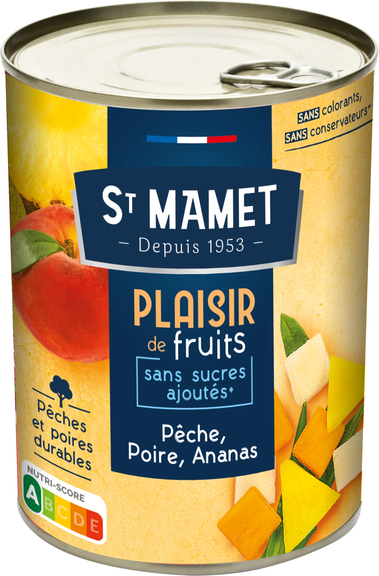 Fruit in perzik, peer en ananassiroop zonder toegevoegde suikers 412g - ST MAMET