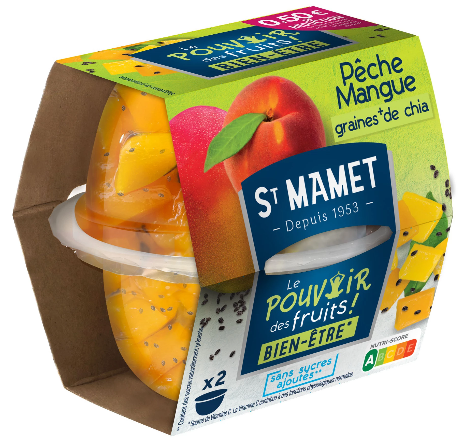 Fruits au Sirop Pêche Mangue et graines de Chia Sans Sucres Ajoutés 113g - ST MAMET