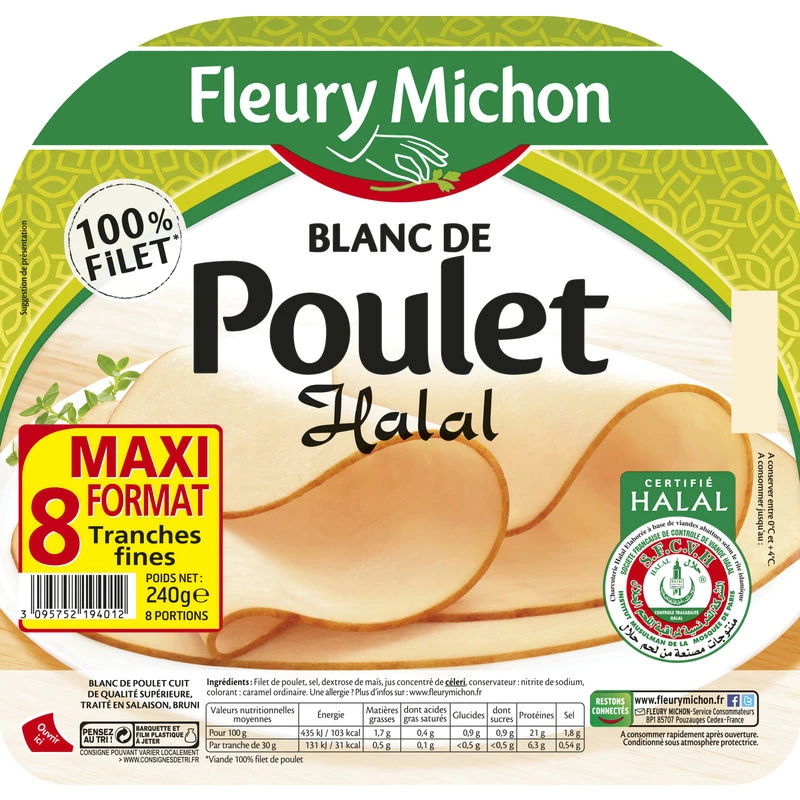 Blanc de Poulet Halal, Maxi Format 8 Tranches 240g - FLEURY MICHON