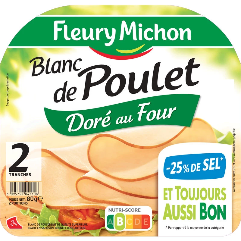 Chicken Breast -25% Salt, 2 Slices 80g - FLEURY MICHON