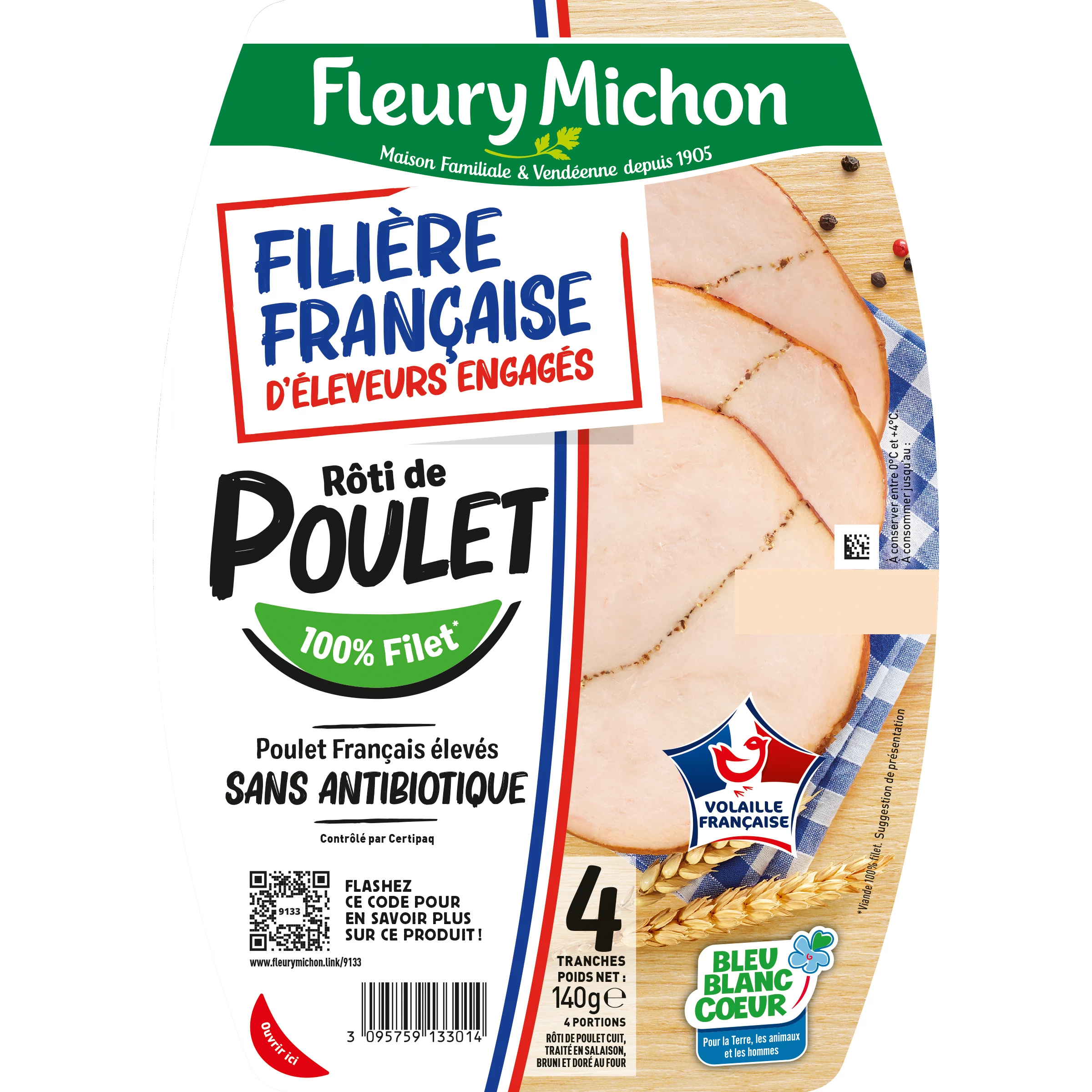 Rôti de poulet cuit 4 tranches 140g - FLEURY MICHON