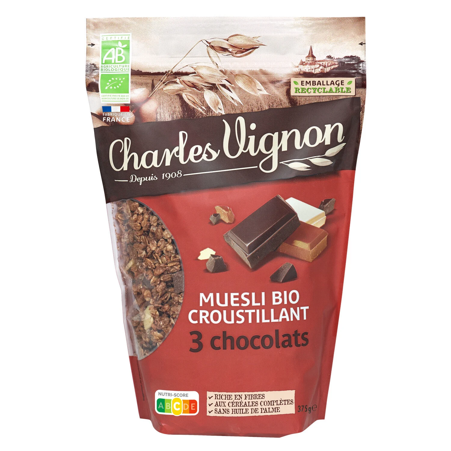 Organic Crispy Muesli Cereals 3 Chocolates 375g - Charles Vignon
