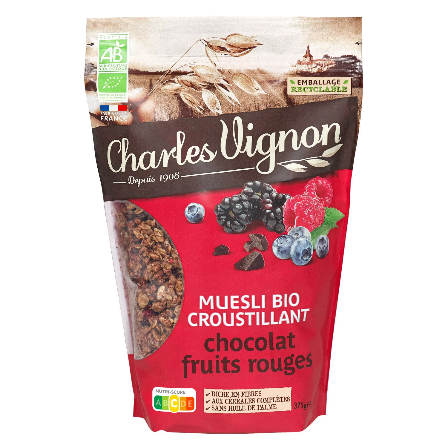 Organic Crispy Chocolate Red Fruit Muesli Cereals 375g - Charles Vignon