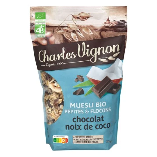 Muesli Cereals Organic Coconut Chocolate Chips and Flakes 375g - Charles Vignon
