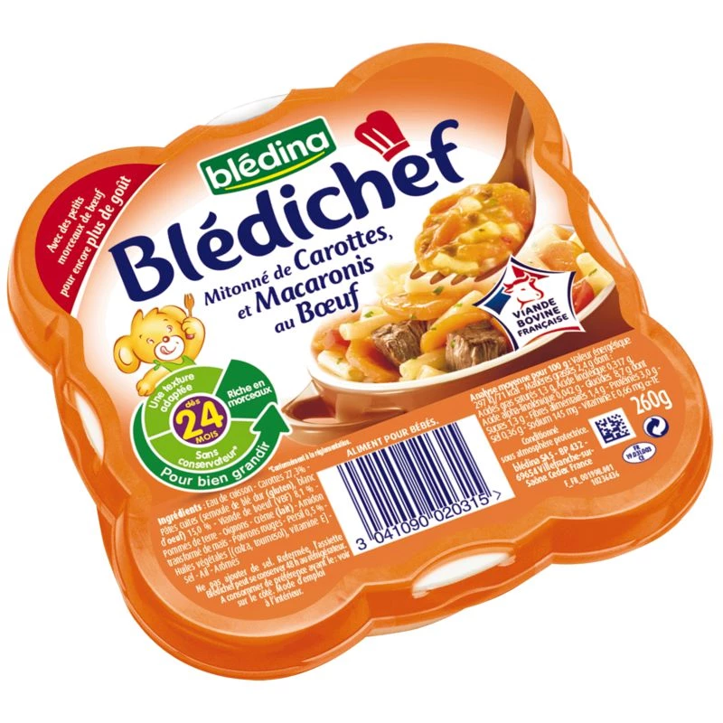 Plat bébé carotte/macaroni/ bœuf dès 24mois 260g - BLEDINA