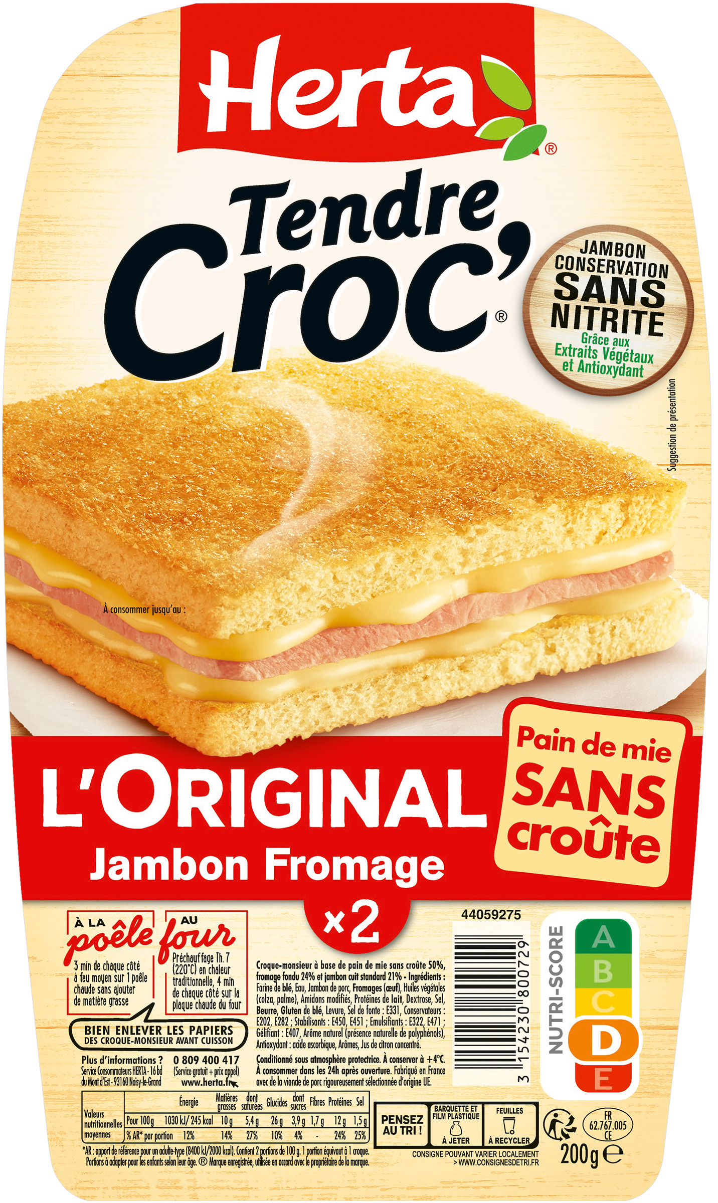 Croque-monsieur prosciutto e formaggio senza crosta Tendre Croc' L'Original x2, 200 g - HERTA